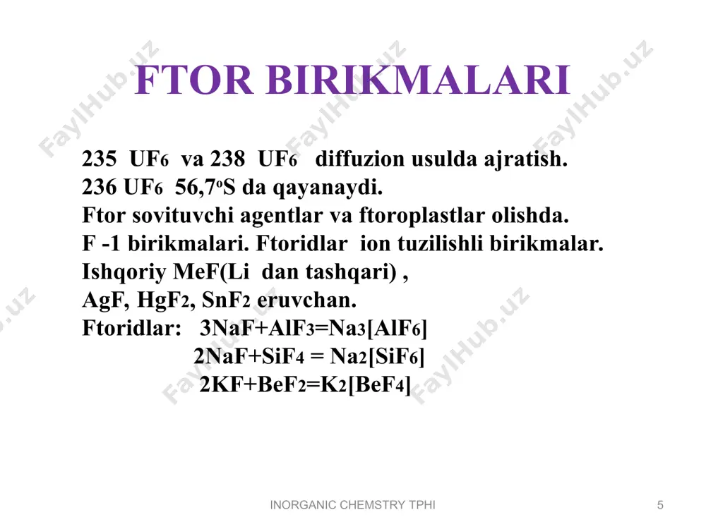 di. kclo4+h2so4=khso4+hclo4 olish: p2o5 + 6hclo4 = 2h3po4 + 3cl2o7 * inorganic chemstry tphi inorganic chemstry tphi chapdan o’ngga kislota kuchi, barqarorlik va xlor atomlarining o. d. ortadi. markaziy atom sp3 gibridlangan: * inorganic chemstry tphi inorganic chemstry tphi gipoxloritlar: naclo + 2kj + h2o = j2 + nacl + 2koh xloratlar: kclo3 + 3mno2 + 6koh = kcl + 3k2mno4 + 3h2o brom olinishi. 2kbr+cl2=2kcl+br2 bromidlarni elektrolizi. laboratoriyada: 2nabr+mno2+2h2so4=mnso4+br2+na2so4+ 2h2o xossalari. qizg’ish qo’ng’ir rangli suyuqlik (s. h. -7,3 os,) o’tkir va zaharli hidga ega. metallar bilan : ca+br2=cabr2 h2+br2 2hbr br2+ h2o=hbro+hbr br2+2naoh=nabr+nabro + h2o * inorganic chemstry tphi inorganic chemstry tphi 3br2+6naoh= 5nabr+nabro3+ 3h2o 3br2+10hno3=6 hbro3+10no +2h2o hbr. bir litr suvda 600 litr hbr. pbr3+3h2o=h3po3+3hbr ishq. va ishq. -yer metallari bromidlari ion bog’lanishli. agbr, pbbr2 kabi hbr tuzlari eruvchanligi oz. 4hbr+o2=2br2+2h2o hbr qayt-chi: 2hbr+h2so4=so2+br2+2h2o gipobromitlar parchalahganda: 3kbro=2 kbr+kbro3 br2+6h2o+5cl2=2hbro3+10 hcl hbro3 barqaror, kons. 50% ga etkazilishi mumkin. bromning …