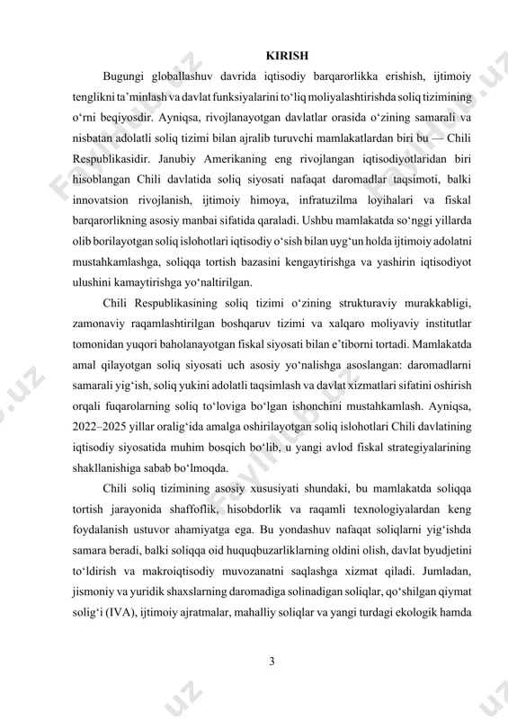 soliq tizimi orqali innovatsiyalarni rag‘batlantirish, kichik va o‘rta biznesni qo‘llab-quvvatlash, ta’lim va sog‘liqni saqlash tizimlariga moliyaviy ta’minot yaratish kabi ustuvor yo‘nalishlar ham belgilangan. yuqoridagilardan kelib chiqib, chili respublikasining soliq tizimini chuqur o‘rganish ushbu davlatning iqtisodiy barqarorlik strategiyasini, ijtimoiy siyosatni va institutsional islohotlarini tushunishda muhim ahamiyat kasb etadi. shu sababli ushbu ishda chili davlatining soliq siyosati, uning asosiy tarkibiy qismlari, amalga oshirilayotgan islohotlar, soliq yuki taqsimoti va xalqaro standartlarga mosligi bo‘yicha chuqur tahlil olib boriladi. mazkur tahlil asosida chili tajribasining boshqa mamlakatlar, jumladan, o‘zbekiston uchun ham qanday amaliy ahamiyatga ega ekanligi haqida fikr yuritish mumkin bo‘ladi. 1. chili soliq tizimining umumiy tuzilishi chili respublikasining soliq tizimi iqtisodiyotining barqarorligini ta’minlash va davlat byudjetiga mustahkam moliyaviy asos yaratishda muhim ahamiyatga ega. 2023 yil ma’lumotlariga ko‘ra, chili soliq tushumlari yalpi ichki mahsulotning (yaim) taxminan 20,5 foizini tashkil etadi, bu esa mintaqadagi eng yuqori ko‘rsatkichlardan biridir. soliq siyosatini amalga oshirish va nazorat qilish bo‘yicha markaziy …