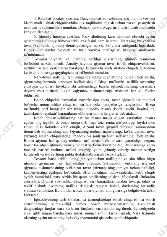 nflyasiya tufayli o‘zgarishi va real iqtisodiy natijani ko‘rsatmasligi mumkin. 3. tartibga solish vazifasi. bozor holati (konyunkturasi) talab va taklif hamda ularning nisbatiga bog‘liq. talabning ortishi muayyan tovarni ishlab chiqarishni kengaytirish, aksincha xol esa tovar ortiqchaligini, uni ishlab chiqarishni qisqartirish zarurligini bildiradi. narx tovar ishlab chiqaruvchilar faoliyatiga ularning daromadlari orqali ta’sir ko‘rsatadi. muayyan ishlab chiqarish harajatlari saklangan holda narx yuqori bo‘lsa, foyda miqdori ortadi, narx tushsa, foyda kamayadi va hatto ishlab chiqaruvchilar zarar ko‘rishi ham mumkin. bu ishlab chiqaruvchilar faoliyatiga ta’sir ko‘rsatadi. narx oshsa ishlab chiqarish kengayadi. boshqa kapitallar ham foyda yuqori bo‘lgan soha va tarmoqlarga okib kela boshlaydi. xullas, narx ishlab chiqarishni tartibga solib, uni o‘zgartirib turadi va rivojini ta’minlaydi. 4. raqobat vositasi vazifasi. narx raqobat ko‘rashining eng muhim vositasi hisoblanadi. ishlab chiqaruvchilar o‘z raqiblarini engish uchun narxni pasaytirish usulidan foydalanishlari mumkin. demak, narxni o‘zgartirib turish usuli raqobatda keng qo‘llaniladi. 5. ijtimoiy himoya vazifasi. narx aholining kam daromad oluvchi ayrim …