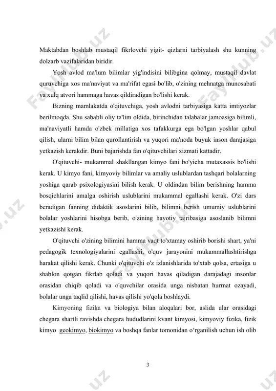r orasida unga nisbatan hurmat ozayadi, bolalar unga taqlid qilishi, havas qilishi yo'qola boshlaydi. kimyoning fizika va biologiya bilan aloqalari bor, aslida ular orasidagi chegara shartli ravishda chegara hududlarini kvant kimyosi, kimyoviy fizika, fizik kimyo geokimyo, biokimyo va boshqa fanlar tomonidan oʻrganilish uchun ish olib boriladi. ushbu fan eksperimental fanlardan biri hisoblanadi. kimyo fanini eng asosiy topilmasi bu "atom" atom jonli va jonsiz tabiatning ajralmas boʻlagi va uni bog'lab turuvchi kichik zarra. mavzuning dolzarbligi. hozirgi zamonamizda insonlar orasidagi kimyo faniga bo’lgan qiziqishlarni tobora oshmoqda, olingan bilimlarni chuqurlashtirishda va kengaytirishda, mustaqil ijod qilishda juda katta o’rin egallaydi. kimyoviy bilimlarni keng targ’ibot qilishda, kimyo fanidan olayotgan bilimlarni mustahkamlashda va bu predmetga bo’lgan mehrni oshirishda juda ko’p insonlarning xizmati beqiyos. aynan shu olimlarimizning ilmiy meroslarini o’rganish bizning asosiy burchimizdir. bulardan kelib chiqqan holda har bir o’qituvchi o’z o’quvchilarida o’rganayotgan predmetlariga muhabbat hissini uyg’otishga harakat qiladi. kimyo o’qituvchilarida bu instrument kimyoviy reaksiyalar va tajribalar …