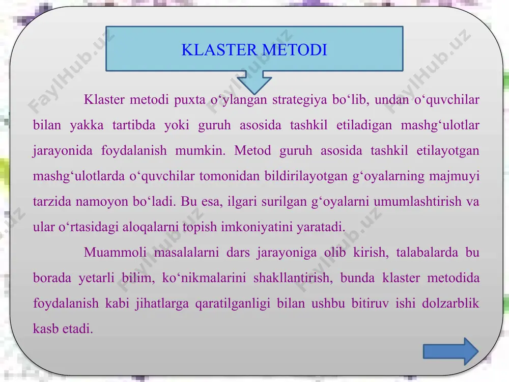 unish, amaliyotga qo‘llash, tahlil, sintez kabi beshta jarayonida klasterdan foydalanish dars sifati va samaradorligini oshiradi. har qanday o‘quv materiali bo‘yicha doim ham mukammalroq klaster yaratib bo‘lmasligi, o‘quv muammosini har doim ham klasterda ifodalash mumkin emasligi, bu metod turi uchun vaqtning katta qismi sarflanishi muqarrarligi uning kamchiligidir. lekin shuni ta’kidlash kerakki, “leksikologiya” modulining har bir muammosi bo‘yicha klaster tuzish mumkin. chunki bu bo‘lim so‘zlarni tasniflash, so‘z ma’nolarnini o‘rganishga xizmat qiladi “leksikologiya” modulini o‘qitishda muammoli klaster metodidan foydalanish, darslarga tayyorlanish mobaynida professor-o‘qituvchi: talabalar duch keladigan vaziyatlarning muammoli ekanligini ziyraklik bilan sezishi va guruh oldiga talabalar tushunadigan holda o‘quv moduliga oid haqiqiy o‘quv masalalarni qo‘yishni bilishi; 20 ! e’tiboringiz uchun rahmat! image1.jpeg image2.jpeg image3.jpeg image4.jpeg image5.gif image6.jpeg image7.jpeg image8.jpeg image9.jpeg image10.jpeg image11.jpeg image12.jpeg image13.jpeg image14.jpeg image15.jpeg image16.jpeg image17.jpeg