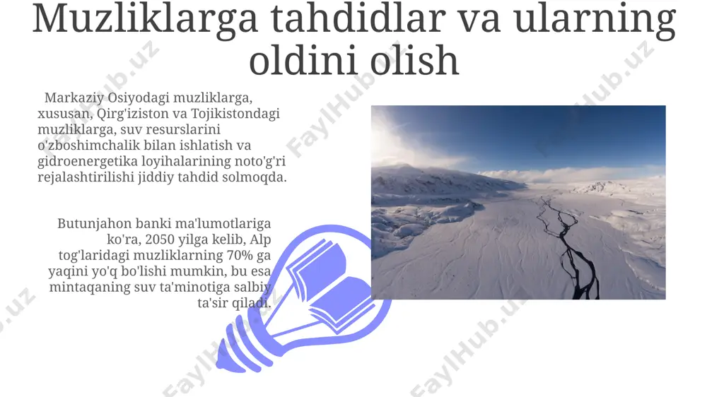 atlantika okeanining shimoliy qismidagi dengiz sathining yillik 1 mm dan ortiq ko'tarilishiga olib kelmoqda, bu esa qirg'oq bo'yidagi shaharlar uchun xavf tug'dirmoqda. muzliklarning erishi va oqimlar pomir togʻlaridagi muzliklarning tez sur'atlarda erishi natijasida 2050-yilga kelib, markaziy osiyo daryolari oqimining 15-20% ga kamayishi taxmin qilinmoqda. muzliklarning erishi natijasida oʻzbekistonning amudaryo havzasiga yillik 10-15 km³ suv qoʻshiladi, bu esa mintaqaning qishloq xoʻjaligi va suv taʼminoti uchun muhim ahamiyatga ega. muzliklarning iqlim o'zgarishiga munosabati qor chizig'ining yuqoriga siljishi, himoloy tog'laridagi muzliklar hajmining 2023 yilda 6.5% ga kamayishiga olib keldi, bu esa mintaqadagi suv resurslariga salbiy ta'sir ko'rsatadi. markaziy osiyoda 1960 yildan beri muzliklarning 20-30% qismi yo'qoldi, bu esa mintaqadagi qurg'oqchilik va suv tanqisligi xavfini kuchaytiradi. muzlik suvining sifati 01 02 muzlik suvlari, masalan, oʻzbekistonning pomir togʻlaridagi muzliklardan oqib tushadigan suvlar, oʻrtacha 0.01 mg/l dan kam mineralizatsiyaga ega boʻlib, yuqori darajada toza hisoblanadi. sales 1st qtr 2nd qtr 100 0 sales 1st qtr 2nd …