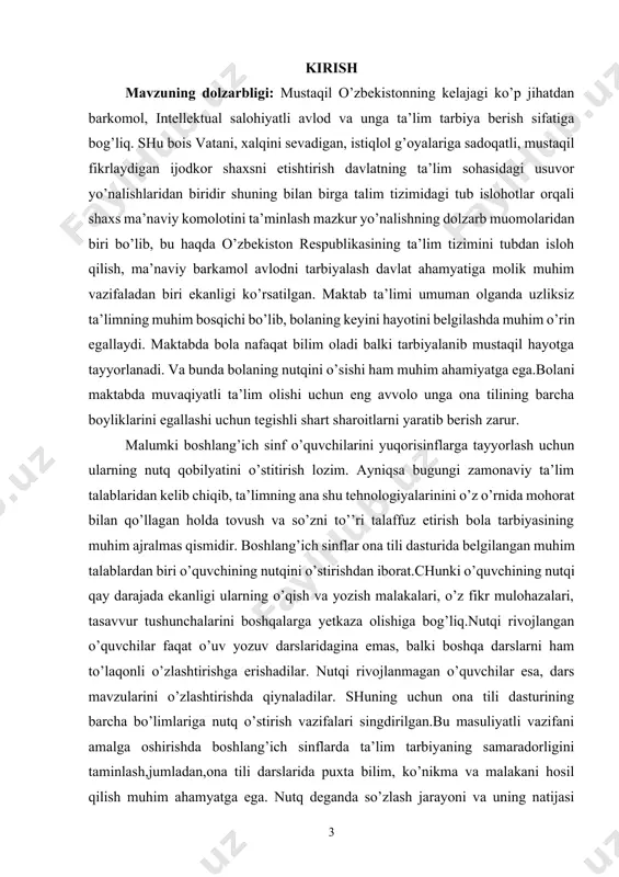 .a.ribnikova va boshqalarning metodik asarlarida o’quvchilarning og’zaki va yozma nutqini o’zoro muvofiq o’stirish masalalariga alohida e'tibor berilgan.olimlar tomonidanmaktabda o'qitish jarayonida ro'y berayatgan quydagi kamchiliklar tanqid qilindi ; 1.o’qituvchilarninng ko’pchiligi hali ham og’zaki nutqning hayotiy ahamyatini hali ham yetarli tushunmayaptilar. shuninguchun ular maktab mahsus og’zaki nutq o’stirish mashqlari o’stirish mashqlari o’tkazishga muhtoj emas, deb hisoblab xato qilmoqdalar.bunday o’qituvchilar,o’quvchi mukammal,bezato yozishni o’rganib olsa, ularning nutqi o’z-o’zidan o’sib boraveradi, deb hisoblab amalda og’zaki va yozma nutqning aloqadorligini unutib qo’ymoqdalar. 2.o’quvchilarning nutqi mazmun jihatdan nihoyatda kambag’al va qator kamchiliklarga ega. chunki yuqori sinflarda o’qituvchi nutq masalalariga e’tibor bermay qo’yadi. kurs ishining maqsadi: ona tili darslari jarayonida o‘quvchilarda nutq madaniyatini shakllantirishning samarali usullari va metodlarini o‘rganish, til o‘rgatish jarayonida muloqot madaniyati, og‘zaki va yozma nutqni rivojlantirish bo‘yicha ilg‘or yondashuvlarni tahlil qilish, hamda dars jarayonida nutq madaniyatini singdirishga xizmat qiladigan innovatsion pedagogik texnologiyalarni amaliyotga tatbiq etish yo‘llarini aniqlash. kurs ishining vazifalari: 1. ona tili darslarida nutq …