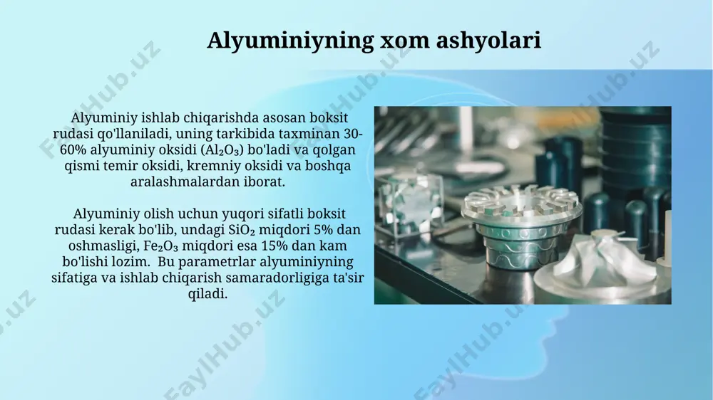 b chiqarishda energiya sarfi umumiy ishlab chiqarish xarajatlarining 30-40% ni tashkil etadi, bu esa samaradorlikni oshirish uchun energiya tejaydigan texnologiyalarni qo'llash zarurligini ko'rsatadi. elektroliz jarayonida 1 tonna alyuminiy olish uchun taxminan 13500 kvt soat elektr energiyasi sarflanadi, bu esa energiya samaradorligini oshirish bo'yicha izlanishlarni yanada kuchaytirishni talab qiladi. alyuminiy elektrolizining texnologiyasi alyuminiy elektrolizining asosiy xom ashyosi – kriolitli alyuminiy oksidi eritmasi bo'lib, uning tarkibida al2o3 miqdori 2-8% oralig'ida saqlanadi. alyuminiy elektrolizining samaradorligi 95% ga yaqin bo'lib, qolgan 5% energiya yo'qotishlari va issiqlik tarqalishiga sarflanadi. alyuminiyning tozaligi va sifati alyuminiyning sifati uning mexanik xossalariga, jumladan, tortish kuchi, cho'ziluvchanligi va qattiligiga ta'sir qiladi, bu ko'rsatkichlar standartlarga muvofiq bo'lishi kerak. alyuminiyning 99,7% dan yuqori tozaligi yuqori sifatli qotishmalar ishlab chiqarish uchun zarur bo'lib, unda temir, kremniy va boshqa aralashmalar miqdori 0,3% dan kam bo'lishi kerak. e'tiboringiz uchun rahmat @taqdimot_robot image2.jpg image3.jpg image4.jpg image5.jpg image6.jpg image7.jpg image8.jpg image9.jpg image10.jpg image11.jpg image12.jpg image13.jpg image1.png