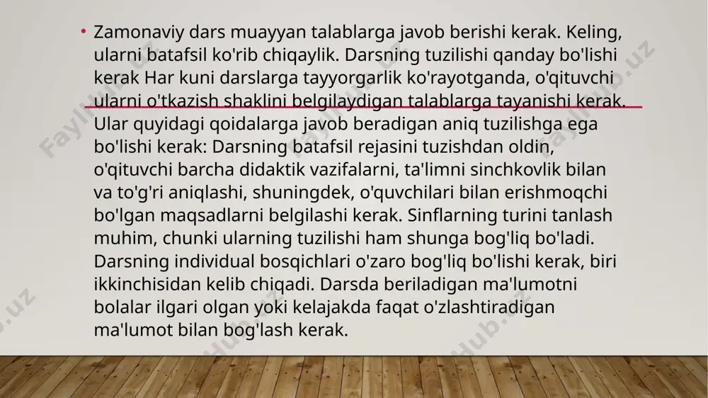y bajarish haqida batafsil ko'rsatmalar, masalan, nimani yodlash kerak, kirish rejasida nimani o'rganish kerak, yozma ravishda qanday vazifalarni bajarish kerak va hokazo. bu erda o'quvchilarning imkoniyatlarini hisobga olgan holda individual topshiriqlarga e'tibor qaratiladi. darsni yakunlash yoki aks ettirish. ushbu bosqichlarni darsni yangi ta'lim standartlariga muvofiq ravishda olib borish tavsiya etiladi. kombinatsiyalangan dars tarkibi federal davlat ta'lim standartiga muvofiq darslarning ushbu turi quyidagi bosqichlarga ega. 1-2 daqiqadan oshmasligi kerak bo'lgan tashkiliy moment. maqsad va vazifalarni belgilash, shuningdek bolalarni faol ishlashga undash. bilimni yangilash, ya'ni uy vazifasini tekshirish. zamonaviy dars samaradorligining mezonlari zamonaviy jamiyat ta'limga katta talab qo'yadi, chunki bitiruvchilarning kelajakdagi hayoti, bizning qiyin paytlarda hayotga moslashishi va quyoshda o'z o'rnini topishi maktabda olgan bilimlariga bog'liq bo'ladi. federal davlat ta'lim standartiga muvofiq muhim emas, ammo darsning qanchalik samarali bo'lishini ko'rsatadigan ba'zi belgilar mavjud: darsni o'rganish talabalar tomonidan yangi bilimlarni kashf etish orqali qurilishi kerak, ya'ni o'qituvchi tayyor ma'lumot bermaydi, balki o'quvchilar o'zlari …