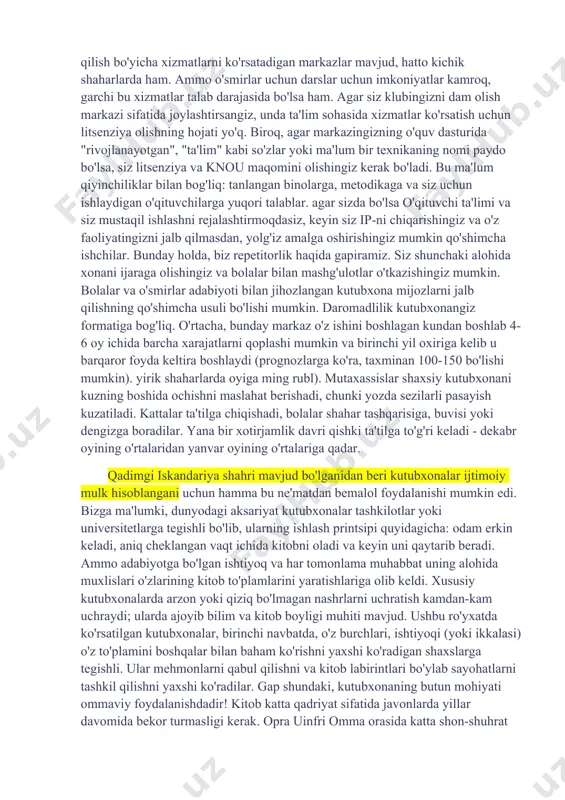 siy daromad manbaiga ega. birinchidan, bunday klub egasi kitoblarni ijaraga berishdan daromad oladi. aytaylik, yangi kitob 350 rubl turadi. u kitobxonga kitob narxi miqdorida garov evaziga beriladi. o'qib bo'lgach, u kutubxonaga qaytariladi va omonat summasi mijozga kichik foizni (masalan, 50 rubl) va agar kitob kelishilgan sanadan kechroq qaytarilgan bo'lsa, jarimani olib tashlab qaytariladi. yoki o‘quvchi pullik obuna chiqaradi, bu esa unga ma’lum miqdordagi kitoblarni bir oy, olti oy yoki bir yil ichida qo‘shimcha to‘lovsiz olish imkonini beradi. darvoqe, g‘arbiy shahar kutubxonalari ham yarim tijorat asosida ishlaydi. masalan, shahar aholisi kutubxona xizmatlaridan bepul foydalanishlari mumkin, qolganlari esa har chorakda taxminan 1000 rubl miqdorida obuna narxini to'laydilar. bundan tashqari, kitoblardan tashqari, bunday kutubxonalarda siz jurnallar, gazetalar va hatto dvd disklarini olishingiz, musiqa va filmlarning elektron xotirasidan foydalanishingiz, ish uchun noutbukni ijaraga olishingiz yoki internetga kirishingiz mumkin. rossiyaning xususiy kutubxona-klublari uchun ikkinchi daromad manbai alohida qiziqish uyg'otadi - uchrashuvlar, uchrashuvlar, treninglar, seminarlar, master-klasslar, …