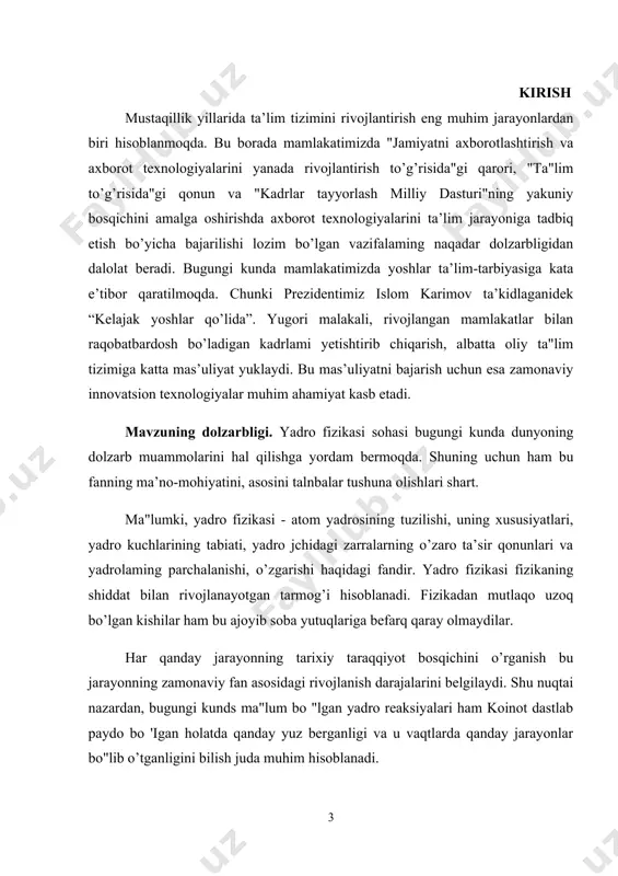 alari hisoblanadi. bu vaqtida sodir bo’lgan yadro reaksiyalari dastlab vodorod va geliy yadrolari hosil bo"lishiga olib kelgan va keyinchalik ular ishtirokida yuz bergan. tadqiqot obekti. oily ta’lim bakalavriat bosqichida fizika kursining “atom yadrosi va elementar zarralar fizikasi” bo’limini “elementar zarrachlarning saqlanish qonunini” o’qitilish jarayoni. mavzuning predmeti. kurs ishini bajarishda “elementar zarralar fizikasi” bo’limining o’qitilishi, mazmuni, zamonaviy ahamiyati va ped.texnologiyalardan unumli foydalanishdan iborat. tadqiqot metodi. tadqiqot ishining bajarilishida muammoga oid ilmiy, ilmiy – uslubiy ishlar va adabiyotlarni taxlili, hamda tadqiqot natijalarini umumlashtirish va matematik – statistik ishlov berish metodlaridan foydalanildi. kurs ishining hajmi: kurs ishi kirish ,2 ta bob 4 ta bo’lim ,foydalanilgan adabiyotlar va xulosadan iborat. i bob 1.1 yadro nurlanishlarining moddalar bilan ta’sirlashuv turlarini tushuntirish. yuqori energiyali xar xil nurlanishlar manbai yadro yemirilish-lari, reaksiyalari, zaryadli zarralar tezlatgichlari hamda kosmik nurlar hisoblanadi. bu nurlanishlarning zaryadli yoki zaryadsiz, energiyalarining katta-kichik bо‘lishiga qarab ta’sirlashayotgan muhit atomlari bilan tur-licha ta’sirlashadilar. shuning uchun yadro …