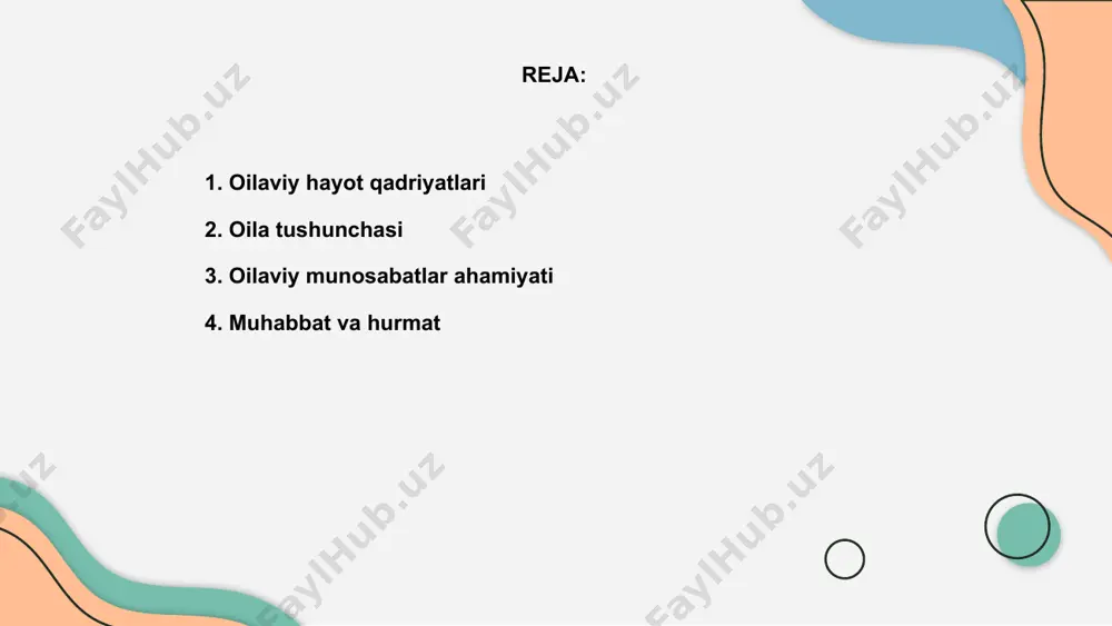 tahkamlaydi va mehrni oshiradi. hurmat oila ichidagi totuvlikni ta'minlaydi va har bir kishining hissasini qadrlash hissini uyg'otadi. muhabbat esa samimiylik va o‘zaro tushunishni kuchaytiradi. muhabbat va hurmat bilan qurilgan oilaviy hayot bardavom bo‘ladi. har bir kishi o‘z his-tuyg‘ularini baham ko‘rib, oilasining farovonligini ta’minlaydi. ishtirok va mas'uliyat oilaviy hayot qadriyatlari insonlarga mehr-muhabbat, hurmat va bag'rikenglikni o'rgatadi. har bir a'zo oilaning tinchligi va baxti uchun o'z mas'uliyatini his etishi kerak. ishtirok va mas'uliyat balansida oilaviy hayot farovon bo'ladi. har bir inson oilaning mustahkamligi uchun fidoyilik va samimiyat bilan harakat qilishi muhim. oilada ishtirok etish va mas'uliyatni baham ko'rish orqali mehr-oqibat mustahkamlanadi. bu qadriyatlar avloddan-avlodga o'tib, jamiyatga ham ijobiy ta'sir ko'rsatadi. 01 03 02 bola tarbiyasining o'rni oilaviy hayot qadriyatlari farzand tarbiyasida asosiy o‘rin tutadi. mehr, hurmat va ma’naviyat kabi tushunchalar bola shaxsining shakllanishiga katta ta’sir ko‘rsatadi. farzandlarni to‘g‘ri tarbiyalash ularning kelajagi uchun muhimdir. oiladagi muhabbat va tarbiya bolasining jamiyatga foydali inson bo‘lib …