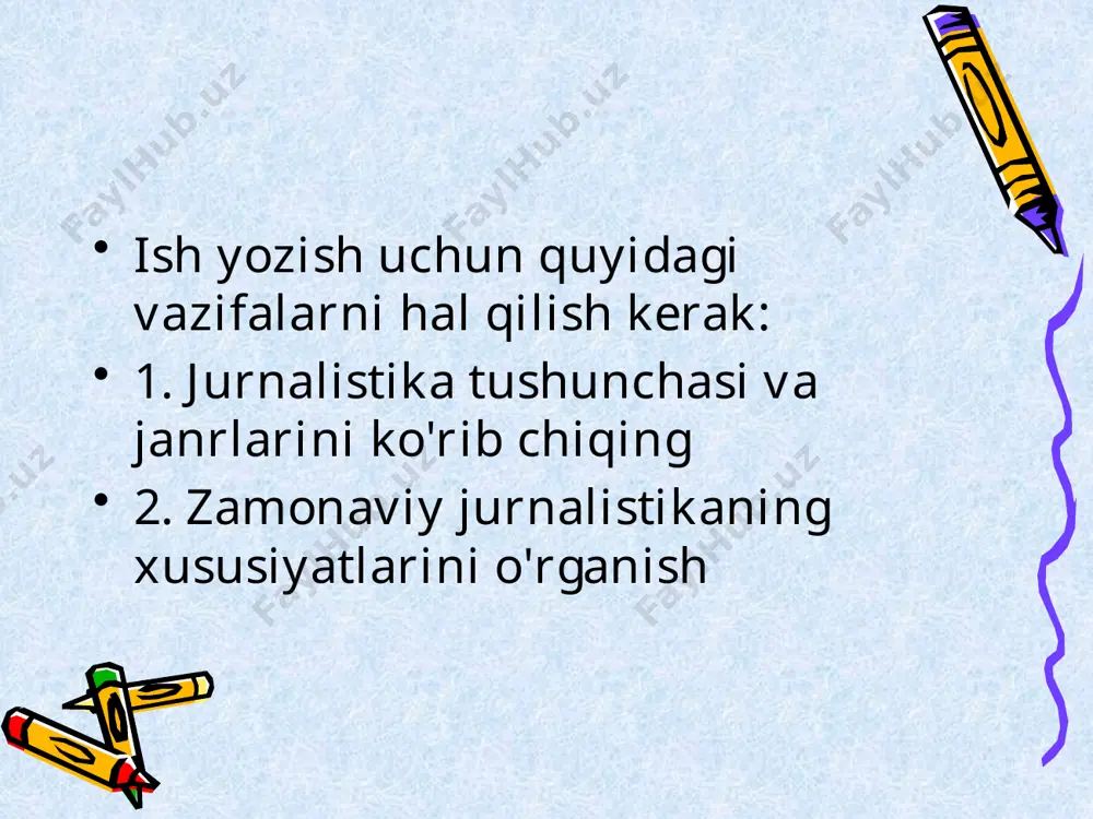 a lotin tilidan tarjima qilingan bu so'z "tushuntirish" degan ma'noni anglatadi. jurnalistik tergov jurnalistik tergov. jurnalistik tadqiqotning maqsadi - muallifning ma'lum bir hodisa, jarayon, vaziyatning yashirin sabablarini aniqlash istagi. xat xat - aniq nutq, muallifning murojaat qiluvchiga murojaat, takliflar, fikr va his -tuyg'ular bilan murojaatidir. xatlar quyidagilarga bo'linadi: ochiq xat; manzilsiz xat; tahririyatga xat. tekshirish tekshirish - bu bir vaqtning o'zida ijtimoiy hayot hodisalari, jarayonlari, hodisalarining mohiyatini kuzatish, tahlil qilish va aniqlash. sharhning asosiy belgilovchi xususiyati - jarayon va vaziyatning mohiyatiga chuqur kirib boradigan ommaviy hodisalar va kuzatuvchining fikrlarini vizual yoritishning birligi. va shunga ko'ra, uning mavzusi siyosatning umumiy masalalari, iqtisodiyot, xarakterli ijtimoiy hodisalar va ularning rivojlanish tendentsiyalari, shuningdek falsafa, tarix va adabiyotdan olingan g'oyalardir. press review press review - ommaviy axborot vositalarining barcha turlari bilan bog'liq bo'lgan ba'zi hodisalar va vaziyatlarni tahlil qilish, ko'rib chiqish, ularni baholash va aniq tavsiyalar berish uchun mo'ljallangan. taqriz taqriz - adabiyot, san'at va …