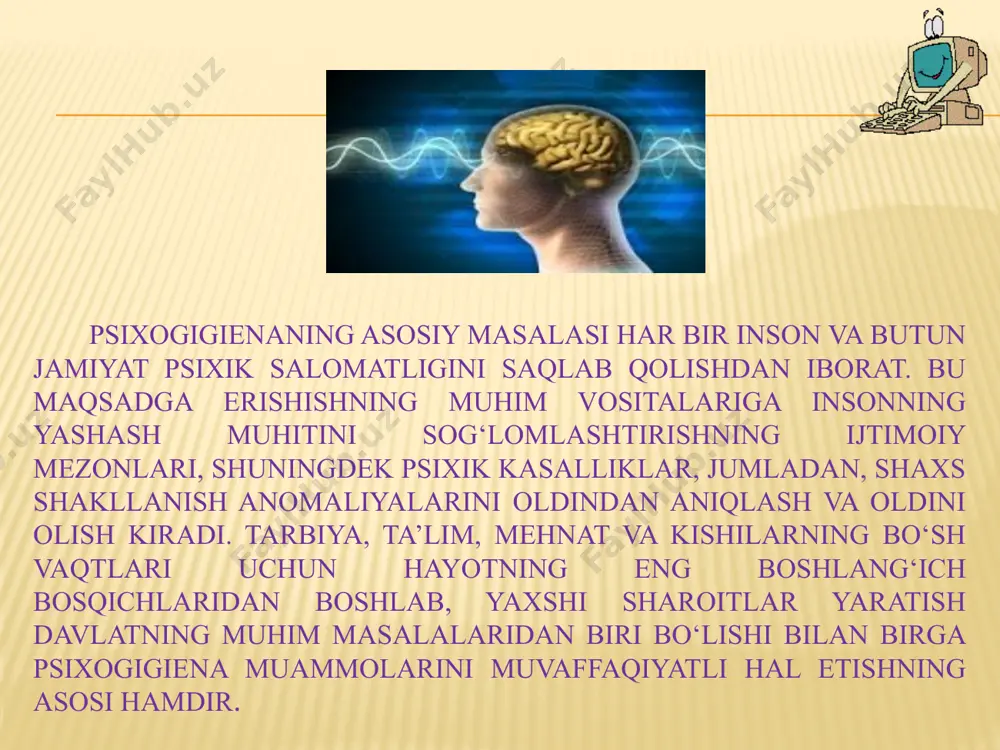 nda bo‘lib o‘tgan edi. birinchi jahon urushi psixogigiena mutaxassislarining birlashish jarayonini buzdi, biroq bu kuchlarning halqaro uyushish g‘oyasi yashashda davom etdi. germaniyada psixiatr r.sommer 1925 yilda psixik gigiena bo‘yicha nemis ittifoqiga asos soldi. uning asosiy kuchi psixiatriya shifoxonalari tarkibiga doir islohatlar o‘tkazishga, shuningdek, tegishli muassasalardan chiqib ketgan shaxslar to‘g‘risida ham g‘amxo‘rlikni inobatga olib, keng psixiatrik ijtimoiy ta’minotni yaratishga qaratilgan. 4 1930 yil vashingtonda va 1937 yil parijda psixogigiena muammolari bo‘yicha xalqaro kongresslar tashkil etilib, ularda rus olimlari ishtirok etmadilar. 1948 yil londonda bo‘lib o‘tgan psixogigiena bo‘yicha xalqaro kongress jahon psixik salomatlik federatsiyasi – jpsf ga asos solinib, uning nizomida psixogigienaning ijtimoiy jihatlari mohiyati belgilandi. london kongressiing dasturiy hujjati – “psixik salomatlik va dunyo fuqarolari”da urush va odamlarni ommaviy qirg‘in qilish muammolari muhokama qilingan. 5 eng muhim psixogigienik faktlar - dunyo g‘oyasi ikkinchi jahon urushidan so‘ng jahon sog‘liqni saqlash tashkiloti (jsst) faoliyatining faollashtirilishi tufayli o‘ziga xos dolzarblikka ega bo‘ldi. jsst nizomining …