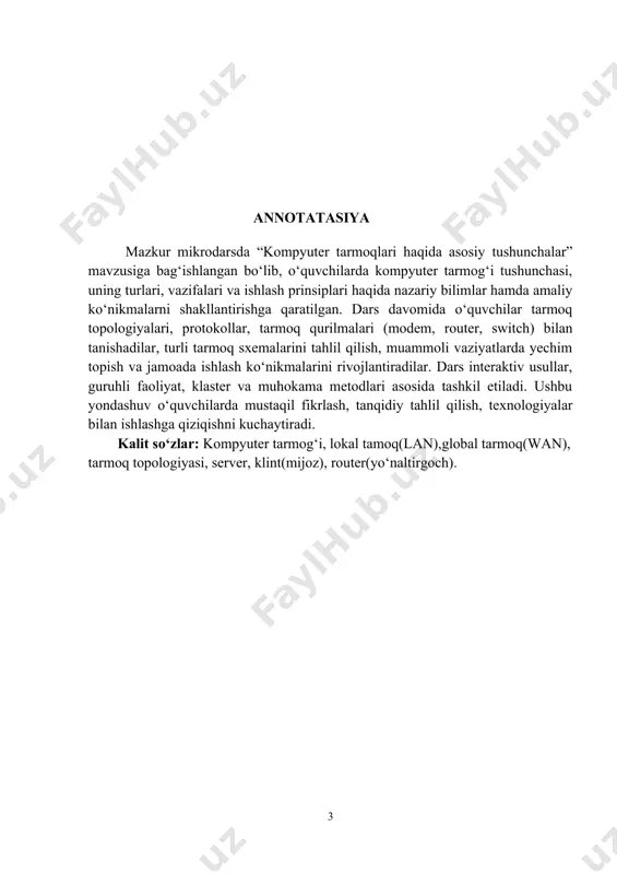 uruhlarda ishlash, klaster va “insert” metodi asosida ishlash. vositalar: kompyuter, marker, plakat, kartochkalar, tarmoq sxemalari, texnik qurilma maketlari. usul: slaydli taqdimot, videorolik, real qurilmalar ko‘rsatmasi. iii. o‘quv manbalari. darsliklar: 9-sinf “informatika” darsligi (cambridge asosida).9-sinf “informatika” fanidan o‘quv-uslubiy qo‘llanma.“kompyuter tarmoqlari” bo‘yicha qo‘shimcha adabiyotlar. internet resurslar: www.uzedu.uz, www.ziyonet.uz, www.edunet.uz, www.tami.uz, www.testing.uz, http://e-school.for.uz. elektron resurs: multimedia umumta’lim dasturlarini rivojlantirish markazi resurslari, o‘qituvchi tomonidan tayyorlangan interaktiv slaydlar, videodarslar va tarmoq sxemalari. iv darsning tafsiloti va texnologik xarita. № darsning bosqichlari qisqacha tavsif qo‘llaniladi- gan usullar ajratil-gan vaqt 1 tashkiliy qism 1.salomlashish. 2.davomatni aniqlash. 3.ma‘naviyat daqiqasi. muloqot suhbat 5 2 o‘tilgan mavzu va uy vazifasi tahlili. 1. uy vazifasini mavjudligini tekshirish 2. informatika faniga hissa qo‘shgan olimlar haqida 3. kichik guruhlar bilan ishlash: klaster metodi 5 3 motivatsiya o‘quvchilarga tasvirlar bilan ishlashda foydalaniladigan dasturlarda ishlashni o‘rgatish aqliy hujum 1 4 yangi mavzuning qisqacha bayoni tasvirlar bilan ishlashda foydalaniladigan dasturlar haqida nazariy bilim berish. maruza slayd …