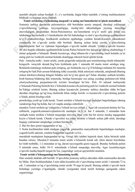 tta kuchlanishni talab etadigan yugurish, gimnastika snaryadlarida bajariladigan mashqlar,yugurib kelib sakrash, estafeta bosqichini tugatish va h.k., murakkab mashqlarni bajargandan so’ng.olingan ma’lumotlarni hisoblashda 10 sekunddagi tomir urishining natijasini oltiga ko’paytirib,bayonnomaning beshinchi ustuniga, uning foizlardagi (%) o’zgarishini oltinchi ustuniga yoziladi.bu quyidagicha amalga oshiriladi. dastlabki tinch holatda o’lchangan tomir urishi 100 % deb olinadi. ikkinchi marta o’lchangan tomir urishining dastlabkisiga nisbatan necha foiz oshganligini aniqlash uchun nisbat tuzilib, ishlanadi. masalan: bayonnomadagi tinch holatda o’lchangan tomir urishi 1 daqiqada 90 marta, ikkinchisida 103 marta bo’lsin. shunga qarab nisbat tuziladi: 90 - 100 % 103x100 103 – x xq ------------- q 114,4 %. 90 uchinchisida 108 marta bo’lsa, yana nisbat tuzamiz: 108x100 90 - 100 % xq ----------------- q 120 % va h.k. 108 - x 90 yuqoridagi vazifalar bajarilganidan so’ng, olingan ma’lumotlar asosida tomir urishining egri chiziqli chizmasi chiziladi. yuqoridagi hujjatlarga asoslanib, oxirida darsdagi yuklamaning yozma tahlili bajariladi. bunda quyidagilar yoritilishi kerak: darsning vazifalari, …