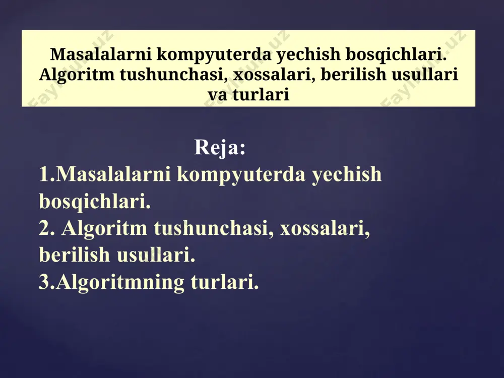 umumiy yechimidir. u algoritmning mashina buyruqlari ketma- ketligi shaklidagi yozuv-dir. buning uchun dasturlash tillari (besk, fortran, paskal, si, si++ va boshqalar) dan biri tanlanadi va unga mos dastur tuziladi. tuzilgan dasturni sifatli bo’lishi va uni mashina xotirasidan kam joyni egallashi muhim ahamiyatga ega. { dasturni kompyuter xotirasiga iritish, rostlash va tekshirish tuzilgan dastur kompyuter klaviaturasi orqali uning xotirasiga kiritiladi. kiritilgan dasturni rostlash va tekshirish amalga oshiriladi, ya’ni yo’l qo’yilgan xatoliklar tuzatiladi. { hisoblash natijalarini qayta ishlash va tahlil qilish. bu bosqichdan tuzilgan dastur bo’yicha hisoblash bajariladi va hosil bo’lgan natija kompyuterning displey ekraniga chiqariladi yoki chop etish qurilmasi orqali qog’ozga chop etiladi. natijalarni jadvallar, grafiklar yoki diagrammalar ko’rinishida hosil qilish mumkin. hosil bo’lgan natija esa foydalanuvchi tomonidan tahlil qilinadi. { algoritm tushunchasi, xossalari, berilish usullari. algoritmning turlari. algoritm – bu masalani yechish usullarini izohlashdir, yoki bosh-qacha qilib aytganda, kutilayotgan natijalarni shaxsiy kompyuter tomonidan olish uchun bajarilayotgan hisoblash jarayolarining ketma-ketliklaridir. algoritm …