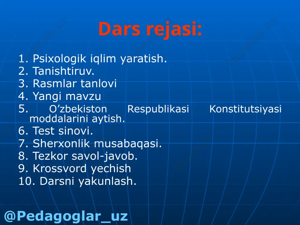 ,burchimiz undan qudrat kuch olib yashna ona yurtimiz 2-o’quvchi: bayrog’imda moviy rang samodan berar darak oq rangida doimiy yaxshilikdir mushtarak. yashil rangi hayotdir ham yashnagan tabiat qip-qizil chizig’da yashnagay yaxshi niyat osmon to’la yulduzlar bayrog’imizda belgi oy istiqlol nishoni @pedagoglar_uz 3-o’quvchi: men baxtli o’zbekman,ozod insonman tenglar ichida tengman,taxtim-baxtim bor men ko’hna dunyoman,yangi zamonman xalqim taqdiriga o’z dasxatim bor. qayerda bo’lsaki,qonun hukmron erkinlik shu yerda der temur bobom qonun ko’z,qonun so’z,u qalqon,posbon unda ardoqlanar inson degan nom. 4-o’quvchi: gerbimizda tog’lar bor, daryolar bor,bo’g’lar bor so’l tomoni bug’doyzor o’ng tomoni paxtazor chambarakka o’ralgan vodiy uzra quyosh bor hurligimizning ramzi xumo degan qushi bor erksevar o’zbekiston madhiyangni kuylayman jonajon o’zbekiston @pedagoglar_uz tezkor savol-javob. “ezgulik” tinchlik qushi nima? o’zbekistonning poytaxti? birinchi qor she’rining muallifi kim? “mehr” qishda nima yog’adi? qish qaysi oydan boshlanadi? cho’pon yigit shiroq afsonasining bosh qahramoni kim? “oqibat” kitob so’zi necha bo’g’indan iborat? 8-dekabr qanday kun? “tushumga kiradi qodiriy bobom” she’ri …