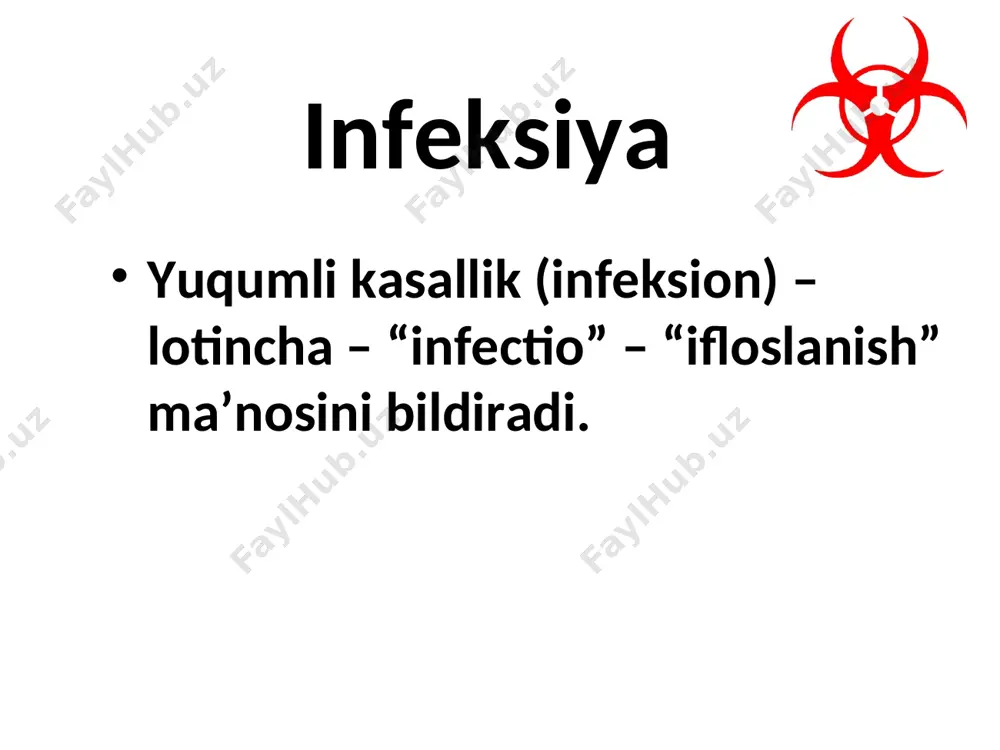 og’ir har qanday mikrob tarkibida zaharli modda – toksin bo’ladi. toksin mikrobning hayot faoliyati oqibatida hosil bo’lib, atrof muhitga tarqalsa – ekzotoksin deyiladi. grammusbat mikroblar ekzotoksin hosil qiladi (difteriya tayoqchasi, botulizm) ekzotoksin oqsil moddasini saqlaydi mikrob tanasi parchalanishi oqibatida atrof muhitga tarqaladigan bo’lsa – endotoksin deyiladi. grammanfiy mikroblar endotoksin ajratadi (vabo vibrioni, ich terlama mikrobi). tananing mikrob kirib, tarqaladigan joyi – infeksiyaning kirish darvozasi (ikd) deyiladi. masalan: gripp, qizamiq, suvchechak, ko’kyo’tallarda ikd – yuqori nafas yo’llari. ichak infeksiyalari uchun ikd – og’iz orqali. yuqumli kasalliklarning tanaga tushgan mikrob qonga o’tishi bakteremiya deyiladi. yuqumli kasalliklarning tasnifi yuqumli kasalliklarda mikrob qaerda joylashishiga qarab quyidagi guruhlarga bo’linadi: ichak infeksiyalari. nafas yo’llari infeksiyalari. qon orqali yuqadigan infeksiyalar. tashqi qoplam (teri) orqali yuqadigan infeksiyalar. turli yo’llar bilan yuqadigan infeksiyalar. antroponoz kasalliklar zoonoz kasalliklar antropozoonoz kasalliklar “boshqariladigan infeksiyalar” bu guruhga emlash yo’li bilan oldini olish mumkin bo’lgan yuqumli kasalliklar kiradi. bular: sil, poliomielit, difteriya, ko’kyo’tal , …