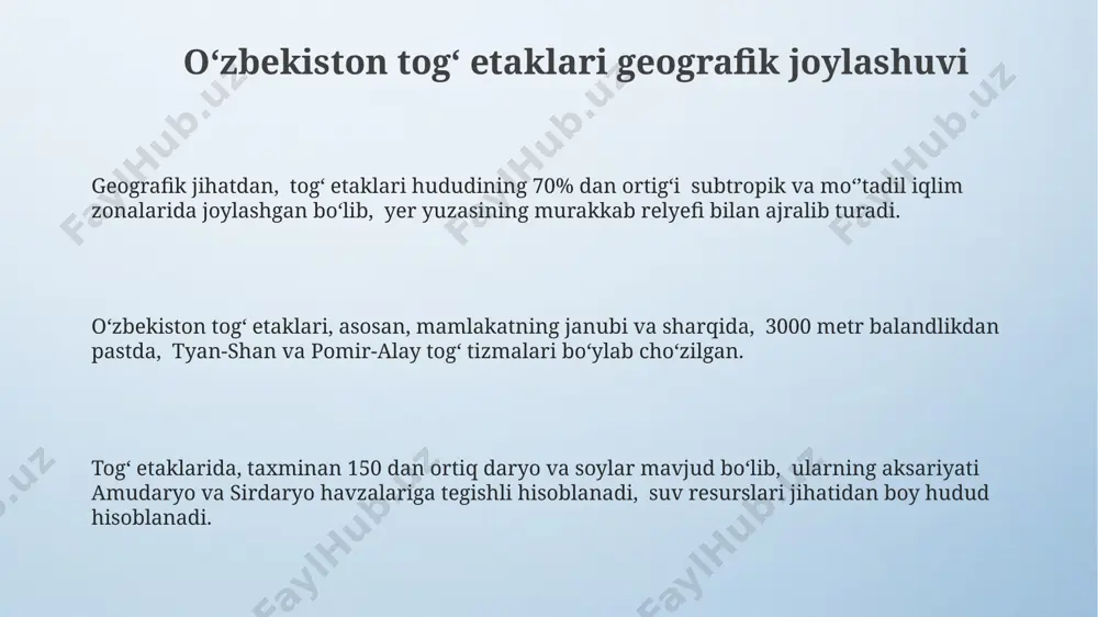 lariga o‘tish bu ko‘rsatkichni 15% gacha kamaytirishi mumkin. hayvonot dunyosi va bioxilma-xillik endemik hayvon turlarining mavjudligi, masalan, 2-3 ta noyob kemiruvchi turi, ushbu hududni o‘rganish va muhofaza qilishning ahamiyatini ta’kidlaydi. tog‘ etaklaridagi o‘simliklarning xilma-xilligi 300 dan ziyod hashorot turlarini, o‘z navbatida, ko‘plab qushlar va sudralib yuruvchilar uchun ozuqa manbasini ta’minlaydi. o‘zbekiston tog‘ etaklaridagi 150 dan ortiq qush turi, shu jumladan, noyob burgut va shoxli boyqush turlarini uchratish mumkin, bu bioxilma-xillikning yuqori darajasidan dalolat beradi. sanoat va iqtisodiyot sanoatning 20% dan ortig'i tog'oldi hududlarida joylashgan bo'lib, yalpi ichki mahsulotning 15%ini tashkil etadi. paxta tozalash va to'qimachilik sanoati kabi tarmoqlar tog'oldi hududlarida 5000 dan ortiq ish o'rinlari yaratib, iqtisodiyotga sezilarli hissa qo'shadi. tog'oldi hududlarining mineral resurslari, xususan, oltin va mis konlari qazib olish sanoati uchun 3 milliard dollardan ortiq investitsiyalarni jalb qilgan. togʻ etaklarining relyefi va geologiyasi uzbekistan togʻ etaklarining geologik tuzilishi asosan paleozoy va mezozoy davrlariga oid choʻkindi jinslardan, shu jumladan …