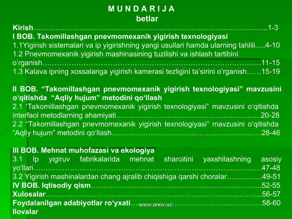 i bajarish uchun, sifatli raqobatbardosh mahsulot ishlab chiqarish va yuksak malakali kadrlar talab qilinadi [1]. paxta tolasidan yuqori sifatli gazlamalar ishlab chiqarish uchun yuqori sifatli ip ishlab chiqarish lozim. chunki tо‘qimachilik, trikotaj va boshqa yengil sanoat mahsulotlarining sifati yigirilgan ipning sifatiga chambarchas bog‘liqdir. korxonalarda sifatli mahsulot ishlab chiqarish, moddiy va mehnat resurslari, xom-ashyo, texnika hamda texnologiyalardan samarali foydalanish, sikllarida mahsulot sifatini boshqarish kerak. ishlab chiqarishni professional kichik usta va ishchilar ta’minlash bugunki kunning asosiy vazifalardan hisoblanadi. www.arxiv.uz www.arxiv.uz bitiruv malakaviy ishining maqsadi: kalava ip yigirish texnologiyasi taraqqiyotida yangi yо‘nalish takomillashgan pnevmomexanik usuldagi jarayonlarni о‘rganib ularni tahlil qilib chiqish. tо‘qimachilik va yengil sanoat uchun yuksak bilimni talab qiladigan, professional kichik usta hamda ishchilar tayyorlaydigan kasb-hunar kollejlarida “yengil sanoat mahsulotlari materialshunosligi” fanidan “takomillashgan pnevmomexanik yigirish texnologiyasi” mavzusini o‘qitishda “aqliy hujum” metodini qo‘llash maqsad qilib olingan. www.arxiv.uz www.arxiv.uz - ip yigirish texnologiyasining taraqqiyotidagi yangi yо‘nalishlar, ip shakllanishidagi yangi usullar, yigirish jarayonlarini о‘rganish va …