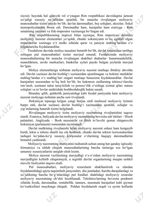 bilan bir qatorda, davlat moliyaviy nazorati optimal byudjet va soliq siyosatining ishlab chiqilishi va samarali amalga oshirilishi hamda davlat byudjetiga va iqtisodiyotning rivojlanishiga tushumlarning maksimal darajada o‘sishini ta’minlashga xizmat qiladi. davlatning moliyaviy nazorati har bir davlatning muhim funksiyasi bo‘lib, moliya-kredit tizimini normal harakat qilishida, albatta, bajarilishi kerak bo‘lgan shartlardan biridir. qarshiliklar munosabatlariga asoslangan bozor iqtisodiyotiga o‘tish rejasida, iqtisod o‘zini boshqarishga barqaror va samarali harakatlariga alohida e’tibor berilgan. bu moliyaviy nazoratni ayrim bo‘g‘inlarini yo‘q qilishga asos bo‘lib va qolganlarini intizomini bo‘shashtirishga olib keldi, ishlarni real ahvolini, moliyaviy intizomini buzilishini, suiste’molini bartaraf qilolmadi. hissadorlik korxonalarida va boshqa nodavlat sektoridagi xo‘jalik sub’ektlarida davlat moliyaviy nazoratini yo‘q qilinishi xorijiy davlatlarda bu nazorat yo‘qligi bilan izohlanadi. lekin, ularda bozor tizimi ko‘p yillar davomida tuzilgan bo‘lib, aldashda va noinsoflik, moliyaviy dallolchilikda tartib qoidani va ma’suliyatni qattiq tutishgan. bozor munosabatlari hamma shakldagi mulk egalari bo‘lgan xo‘jalik sub’ektlarning sistematik reviziyalarini va moliyaviy xo‘jalik faoliyatini tekshirish zarurligini, kamchiliklarini oldini …