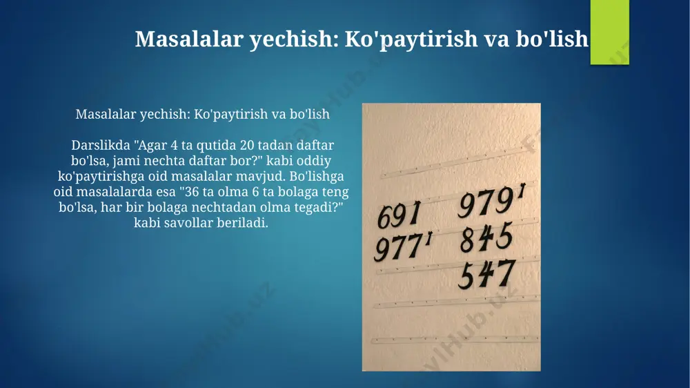 arni qo'shishda, avval birliklar, so'ng o'nliklar, yuzliklar va hokazo qo'shiladi. agar yig'indi 9 dan katta bo'lsa, keyingi xonaga 1 qo'shiladi. masalan, 245 + 136 = 381 kabi. e'tiboringiz uchun rahmat @taqdimot_robot image6.jpg image7.jpg image8.jpg image9.jpg image10.jpg image11.jpg image12.jpg image13.jpg image14.jpg image15.jpg image16.jpg image17.jpg image18.jpg image19.jpg image20.jpg image21.jpg image22.jpg image2.png image3.png image4.png image5.png