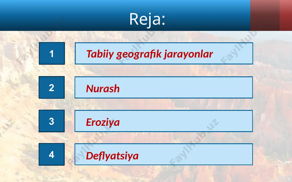 llar hosil bo‘ladi. organik nurash deb, tog‘ jinslarining organizmlar (o‘simlik, hayvonot dunyosi, mikroorganizmlar) ta’sirida yemirilishiga aytiladi. eroziya (lotincha «erosio» – yemirish, yuvilish) deb tog‘ jinslari va tuproqning oqar suvlar ta’sirida yuvilishiga aytiladi. eroziya yuzalama va chiziqli turlarga bo‘linadi. yuzalama eroziya jarayoni tog‘ yonbag‘irlarida keng tarqalgan. uning oqibatida tog‘ yonbag‘irlaridagi jinslar yuvilib, pastga tushadi. abraziya (lotincha «abrasio» – qirish, qirtishlash) deb, okean, dengiz va ko‘l qirg‘oqlarining to‘lqinlar tomonidan yemirilishi va tekislanishiga aytiladi. abraziya natijasida okean va dengiz, ko‘l qirg‘oqlarida tekisliklar hosil bo‘ladi. respublikamizdagi yirik ko‘llar va suvomborlarining qirg‘oqlarida abraziya jarayonini kuzatish mumkin. deflyatsiya (lotincha “deflatsio” – puflash) – tog‘ jinslarining shamol ta’sirida yemirilib, maydalangan zarralarning boshqa joylarga ko‘chishi. deflyatsiya qurg‘oqchil o‘lkalarda, ayniqsa, qumli cho‘llarda kuchli bo‘ladi. sel – tog‘ vodiylari, soylar va jarlardan qisqa vaqt ichida juda katta tezlik bilan oqib keluvchi tosh aralash loyqa suv oqimi. sellar tog‘li o‘lkalarda jala yog‘ishi natijasida yuzaga keladi. karst deb, suvda yaxshi eriydigan tog‘ …