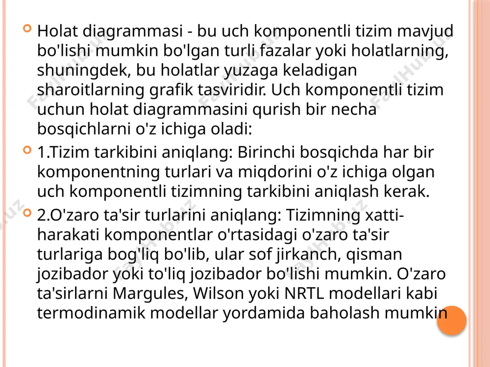 -da, ulardan foydalanish bilan bog'liq bir qancha cheklovlar va qiyinchiliklar mavjud. asosiy cheklashlardan biri ideal xulq-atvorning taxminidir, bu har doim ham haqiqiy tizimlarda to'g'ri kelmasligi mumkin. haqiqiy tizimlar vodorod bog'lanishi yoki kompleks hosil bo'lish kabi komponentlar orasidagi o'zaro ta'sirlar tufayli ideal bo'lmagan xatti-harakatlarni namoyon qilishi mumkin. bu holat diagramma prognozlarining to'g'riligiga ta'sir qilishi mumkin bo'lgan ideal faza xatti-harakatlaridan og'ishlarga olib kelishi mumkin. yana bir qiyinchilik - bu uch komponentli tizimlarning fazaviy xatti-harakatlarining murakkabligi. mumkin bo'lgan fazalar soni va ularning o'zaro ta'sirining murakkabligi tizimning xatti-harakatlarini aniq bashorat qilishni qiyinlashtirishi mumkin. bu holat diagramma prognozlarining aniqligini cheklashi mumkin bo'lgan uch komponentli tizimlar bo'yicha eksperimental ma'lumotlarning etishmasligi bilan yanada kuchayishi mumkin. 1.3.3-rasm. uch komponentli sistema tarkibini gibbs usulida tasvirlash 1.3.4-rasm. uch komponentli sistema tarkibini rozebum usulida tasvirlash laboratoriya ishi suv va efir sistemasida sirka kislotaning taqsimlanish koeffitsentini aniqlash ishning bajarilishi: 100 ml konussimon shlifli kolbalarga har xil konsentratsiyali sirka kislotasi eritmalaridan o‘lchov silindirida …