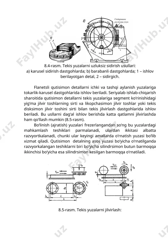 elli vertikal parmalash hamda agregat parmalash dastgohlarida bajarilish mumkin (ko‘p seriyali va yalpi ishlab-chiqarish). ko‘p seriyali va yalpi ishlab-chiqarish sharoitlarida parma-razvyortka ko‘rinishidagi yig‘ma yoki maxsus kesuvchi asbob qo‘llanilishi mumkin. qutisimon detallarining asosiy teshiklariga qora va yarim toza ishlov berish yo‘nib kengaytiruvchi, tokarlik, tokarlik-karusel, radial va vertikal hamda agregat parmalash dastgohlarida amalga oshirilishi mumkin. diametri 40-50 mmli bo‘lgan teshiklar «o‘lchamli» kesuvchi asboblar parma zenkr va razvyortkalar bilan ishlansa katta diametrli teshiklar keskislar kallagi, borshtanga, yo‘nib kengaytiruvchi keskichlar o‘rnatilgan opravka yordamida ishlov beriladi. ishlov berishda o‘lcham aniqligini oshirish maqsadida birinchi va ikkinchi hollarda ham kesuvchi asbobni yo‘naltiruchi qurilmali yoki tayanchli moslamalar qo‘llaniladi (8.6-rasm). asosiy teshiklarni o‘zaro joylashish aniqligini oshirish maqsadida donali va kichik seriyali ishlab – chiqarish sharoitida ishlov berib so‘ngra nazorat qilinadi (agarda maqsadga erishilmasa yana bir bor va h.k. ishlov berilib so‘ng nazorat qilib ko‘riladi). o‘rta seriyali ishlab chiqarishda shablon yordamida, ko‘p seriyali va yalpi ishlab-chiqarishda maxsus moslamalar yordamida hamda …