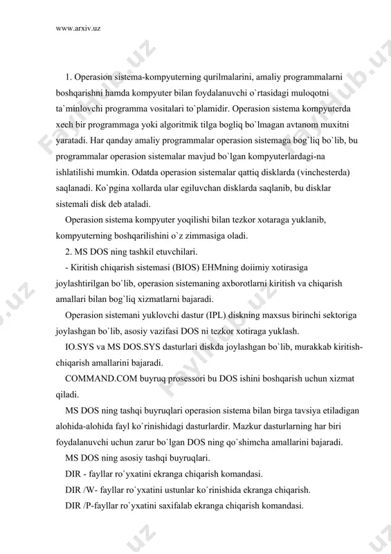 gdan chiqish, cd//- o`zak katalogdan darxol chiqish mкdir- yangi direktoriya ochish, rd - bo`sh katalogni o`chirish, ren- katalogni qayta nomlash, del - fayllarni o`chirish type - faylning tarkibini ko`rish, copy - fayldan nusxa olish, format- disk yoki disketalarni formatlash, ishga tayyorlash. si- kompyuter xaqida ma`lumot olish. time - joriy vaqtni aniqlash. exit- command.com ishini yakunlash. date joriy sanani aniqlash. 3. har qanday operasion sistema asosida tashqi qurilmalarda axborotlarni saqlash ishlarini tashkil qilish yotadi. tashqi xotira texnik tomondan turli material tashuvchilarda amalga oshishiga qaramasdan (egiluvchan magnit diski yoki magnit lenta) ularni operasion sistemada fayl deb ataluvchi axborotlarni saqlovchi mantiqiy bog`langan prinsip amalga oshiradi. fayl mantiqan bog`langan ma`lumotlar va programmalar majmuasi bo`lib, ularni ichki xotirada joylashtirish uchun nomlangan maydon ajratiladi. fayl operasion sistemada axborot birligini hisobga olishda xizmat qiladi. axborot ustida olib boriladigan har qanday ishlar ms dos da fayllar orqali amalga oshiriladi: diskga yozish, ekranga chiqarish, klaviaturadan kiritish, choplash cd rom …