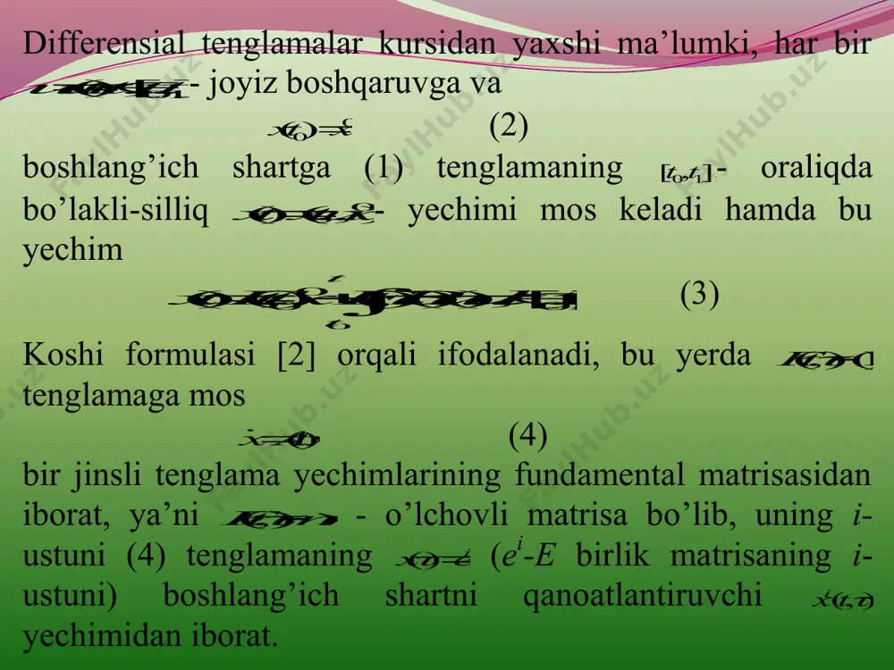 rsin. u vaqtda har bir 0,crc n vektor 01 tt va son uchun q(t 1 ) to’plamning shunday x chegaraviy nuqtasi mavjul bo’ladiki, unda xcxc tqx    )( 1 max (6) munosabat bajariladi. (6) tenglikning o’rinli bo’lishi uchun, shunday utu)( boshqaruv topilib,   1 0 ,)()(),(),( 1 0 01 t t dttutbttfxttfx (7) ],[,)(),(max)()(),( 1011 tttvtbttfctutbttfc vv      (8) tengliklarning bajarilishi zarur va yetarlidir. isboti. 1-lemmaga ko’ra q(t 1 ) to’plam kompakt bo’lganligi uchun, veyershtrass teoremasidan, uzluksiz xcxf  )( funksiyaning q(t 1 ) da global maksimum nuqtasi x mavjudligi kelib chiqadi, ya’ni (6) tenglik bajariladi. bu nuqta x to’plamning chegaraviy nuqtasi bo’ladi. haqiqatan ham, agar )(int 1 tqx deb faraz qilsak, yetarli kichik ε>0 uchun )( 1 tqcx bo’ladi va xccxccxc        ,)(  , ya’ni (6) ga zid munosabat bajariladi. q(t 1 ) to’plamning aniqlanishiga …