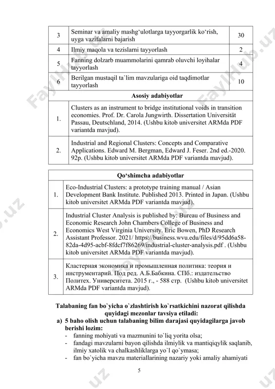 qiy hujjatlarni to`liq o`zlashtirgan bo`lsa; · fanga tegishli mavzulardan biri bo`yicha ilmiy maqola chop ettirgan bo`lsa; · tarixiy jarayonlarni sharxlay bilsa; b) 4 baho olish uchun talabaning bilim darajasi quyidagilarga javob berishi lozim: · fanning mohiyati va mazmunini tushungan, fandagi mavzularni bayon qilishda ilmiy va mantiqiy chalkashliklarga yo`l qo`ymasa; · fanning mazmunini amaliy ahamiyatini tushungan bo`lsa; · fan bo`yicha berilgan vazifa va topshiriqlarni o`quv dasturi doirasida bajarsa; · fan bo`yicha berilgan savollarga to`g`ri javob bera olsa; · fan bo`yicha konspektini puxta shakllantirgan bo`lsa; · fan bo`yicha mustaqil topshiriqlarni to`liq bajargan bo`lsa; · fanga tegishli qonunlar va boshqa me`yoriy hujjatlarni o`zlashtirgan bo`lsa. c) 3 baho olish uchun talabaning bilim darajasi quyidagilarga javob berishi lozim: · fan haqida umumiy tushunchaga ega bo`lsa; · fandagi mavzularni tor doirada yoritib, bayon qilishda ayrim chalkashliklarga yo`l qo`yilsa; · bayon qilish ravon bo`lmasa; · fan bo`yicha savollarga mujmal va chalkash javoblar olinsa; · fan bo`yicha matn …