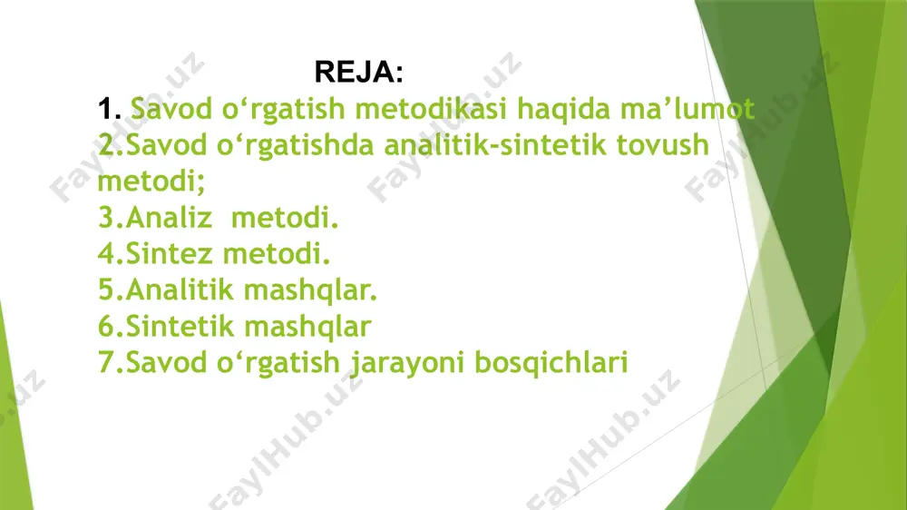 ez). savod o‘rgatishda oldin so‘z boshida ketadigan e, so‘ngra undoshdan keyin keladigan e tovush-harfi bilan tanishtiriladi. o harfi o‘zbekcha, umumturkiy so‘zlarda quyi keng, lablangan o tovushini ifodalaydi, ruscha-baynalmilal so‘zlarda urg‘usiz bo‘g‘inda a tarzida (botanika), o‘ tovushi kabi (tonna), qisqa i tarzida (traktor) talaffuz qilinadi. shuning uchun bu unli qatnashgan ruscha-baynalmilal so‘zlar savod o‘rgatish davridan so‘ng o‘quv jarayoniga kiritiladi. a tovushi bahor, savol kabi so‘zlarda o kabi, muomala, munosabat kabi so‘zlarda i tovushiga yaqin talaffuz qilinadi, lekin a yoziladi. u tovushi qovun, sovun kabi so‘zlarda i tovushiga yaqin talaffuz etilsa ham u yoziladi. 1 tovushi bilan, sira kabi so‘zlarda talaffuz etilmasa ham yozuvda doimo saqlanadi. 2. o‘zbek tilida 24 ta undosh tovush bor. yozuvda ular 23 ta harf bilan ifodalanadi: shulardan 3 tasi harf birikmasi, 21 tasi yakka harf bilan belgilanadi. ular quyidagilar: b, d, f, g, h, j (jurnal), j (jo‘ja), k, 1, m, n, p, q, r, s, t, …