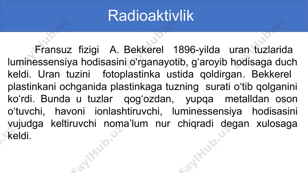 4. neptuniy oilasi - vismutning nisbiy atom massasi 209 ga teng bo‘lgan stabil izotopi bilan tugaydi. 7-mashq 9-masala (186-bet) radioaktiv elementning faolligi 8 kunda 4 marta kamaydi. uning yarim yemirilish davri qancha? formula va yechish: javob: berilgan: topish kerak: radioaktivlik deb nimaga aytiladi? radioaktiv yemirilish qonunini tushuntiring. yarim yemirilish davri deb qanday kattalikka aytiladi? 7-mashqning 8-masalasini yechish. mustaqil bajarish uchun topshiriqlar image1.png image2.png image3.wmf oleobject1.bin image3.png media1.mp4 image4.png image40.png image5.png image5.jpg image6.png image7.png image8.png /docprops/thumbnail.jpeg