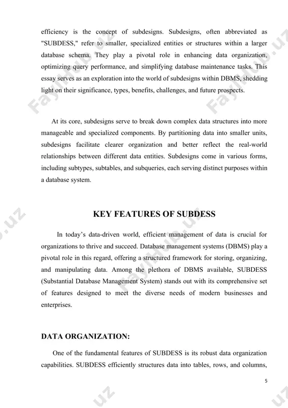 formance and efficiency, subdess incorporates indexing and query optimization techniques. by creating indexes on frequently accessed columns and optimizing query execution plans, subdess accelerates data retrieval operations, reduces latency, and optimizes resource utilization. this results in faster response times and improved overall performance, enabling organizations to derive insights from their data in real-time. replication and high availibility: subdess ensures high availability and fault tolerance through replication capabilities, allowing data to be replicated across multiple nodes or servers. by distributing data redundantly, subdess minimizes the risk of data loss and downtime, ensuring continuous access to data even in the event of hardware failures or network issues. this enhances reliability and resilience, making subdess a dependable choice for mission-critical applications and environments. integration and compatibility: lastly, subdess seamlessly integrates with other systems and applications, supporting interoperability and compatibility with various platforms, programming languages, and data formats. whether it’s integrating with third-party tools, …