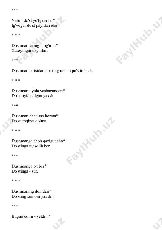 ib suyilmas. **** oltin zanglamas* oshiqlik yosh tanlamas. * * * qalbga qarilik yo'q* sevgiga - o'lim. **** arslon qarisa quyrug'ini yo'nar. * * * bola - shirinlikning adoyi* qariya - shirin so'zning gadoyi. **** yosh bilmaydi* katta qilmaydi. * * * dard yomon* darddan qarilik yomon. **** yoshni hudo siypalar* qarini - ovqat* * * * yoshni duo asrar* qarini hudo asrar. **** yoshu qaining joni bor* oriq-semizning imoni bor. * * * qarida xislat ko'p. **** qarilik - bolalik. * * * qirqida surnaychi bo'lgan o'lganda chalar. **** har kimning joni o'ziga shirin. * * * qolgan ishga qor yog'ar. **** nodon bosh bo'lmas* ko'pik osh bo'lmas* qarilik qaytib* qayta yosh bo'lmas. * * * uzoq bo'lsa ham yo'l yahshi* qari bo'lsa ham qiz yahshi. **** bilagi zo'r birni yiqar* bilimi zo'r mingni yiqar. * * * kitob bilim manbai. **** kasb tubi nasib. * * * hunar-hunardan …