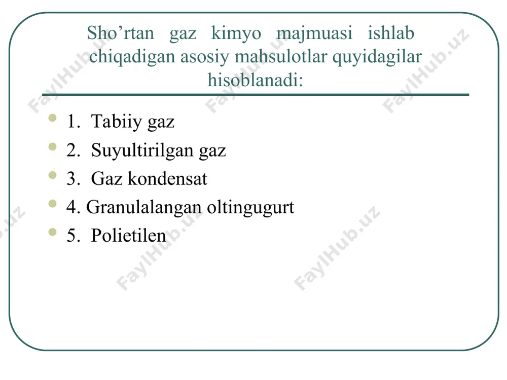 lietilen rangini yaxshilash (maksimum oq rangli polimerlanish). polimer rangini barqarorlashtirish. katatlitik birikmalarni adsorber eritmasida adsorbtsiyalash unumdorligini oshirish. faolsizlantiruvchi moddalar quyidagi talablarga javob berish kerak: sklertek texnologiyasida faolsizlantiruvchi sifatida ikki xil kimyoviy modda ishlatiladi: pelargon kislotasi (pg): h3c-(ch2)7 -cooh atsetilatseton (pd) h3c-co-ch2 -co-ch3 faolsizlantirish mexanizmi. pelargon kislota – pg-c9 qatoriga kiruvchi yog’li organik kislota bo’lib. sklertek texnologiyasida 95% li qo’llaniladi. pgning – kimyoviy formulasi quyidagicha. texnologiyada pg qo’shish polimer eritmasi isitgichga kirishidan oldin amalga oshiriladi. pg qo’shilganda polimerlanish reaktsiyasi to’xtatiladi va qoldiq katalizator bilan kuchsiz sovun ligandi xosil bo’ladi. sovun ligandini xosil bo’lishi qoldiq katalizatorni isitgich devorida cho’kma xosil qilishini oldini oladi. atsetilatseton (pd) – boshqa nomi pentandion yiliga 140000 tonna etilen ishlab chiqarilib, 45 kpa bosim bilan polietilen tsexiga beriladi. 1. turbasimon reaktor 2. avtoklav reaktor 3. trimer reaktor mahsulot birinchi reaktorda 300 °c da, uchinchisida 500°c gacha tushadi. keyin trimer reaktorga o’tadi. past bosim separator 130°c ga tushadi. polietilen …