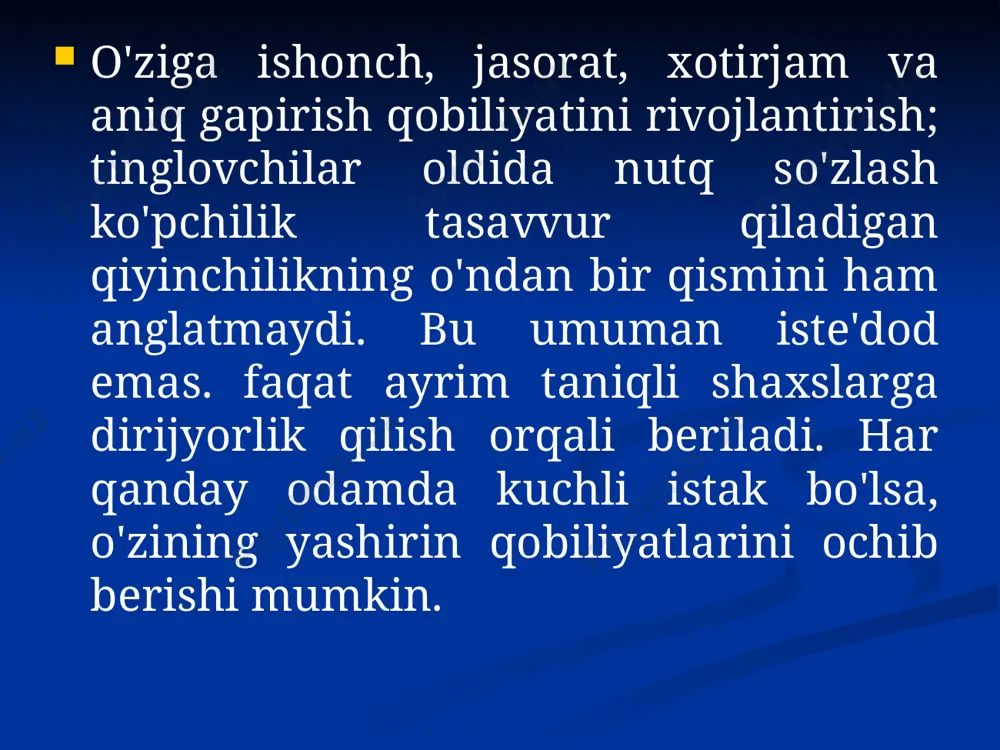 o'llaringiz bilan shovqinli harakatlar qilmang. agar asabiy harakatlarni to'xtata olmasangiz, qo'llaringizni orqangizda ushlab turing va barmoqlaringizni boshqa hech kim ko'rmasligi uchun harakatlantiring yoki oyoq barmoqlaringizni qimirlatib qo'ying. qoidaga ko'ra, ma'ruzachining mebel orqasiga yashirinishi yaxshi emas, lekin birinchi nutqlarda, agar siz stol yoki stul orqasida tursangiz va ularni mahkam ushlasangiz yoki qo'lingizga tanga tutsangiz, bu sizga yordam berishi mumkin. bir oz jasorat. to'rtinchisi: amaliyat! amaliyat! amaliyat! hozirgacha o'qiganlaringizning hammasini unutib qo'ysangiz ham, quyidagilarni yodda tuting: gapirayotganda o'zingizga ishonchni oshirishning birinchi (ya'ni oxirgi) ishonchli yo'li - imkon qadar ko'proq gapirishdir. aslida, hamma narsa oxir-oqibat bitta asosiy nuqtaga tushadi - siz mashq qilishingiz, mashq qilishingiz kerak va amaliyot. bu shart, ularsiz hech narsa ishlamaydi. o'ziga bo'lgan ishonch tayyorgarlik bilan shakllanadi. agar so'zlovchining boshida va qalbida haqiqatan ham g'oya, gapirishga bo'lgan ichki ehtiyoj mavjud bo'lsa, u muvaffaqiyatga deyarli to'liq ishonch hosil qilishi mumkin. yaxshi tayyorlangan nutq - o'ndan to'qqiztasi. gapirishga tayyor bo'lish nimani anglatadi? …