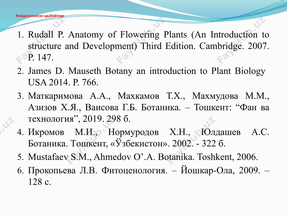 ng tasnifi. 3. xv-xx asrlardagi botanika fani. 4. markaziy osiyo tabiatshunoslari o’simliklar haqida 5. o’zbekistonda botanika fanini rivojlanishi 6. botanika fanining asosiy bo’limlari reja 4 botanika grekcha "botane" so’zidan olingan bo’lib, o’zbek tilida ko’kat, sabzavot, o’t, o’simlik degan ma'noni bildiradi. botanika umuman o’simliklar haqidagi fan bo’lib, o’simliklarning tashqi va ichki tuzilishini, kelib chiqishini, o’sish hamda rivojlanish qonuniyatlarini, ulardagi hayotiy jarayonlarni, dunyoda tarqalish qonunlarini, muhit bilan ular orasidagi munosabatlarni va o’simliklar dunyosidan har taraflama foydalanish yollarini o’rgatadi. inson hayotida o’simliklarning juda katta ahamiyatga ega ekanligini ibtidoiy davrda yashagan odamlar ham bilgan, chunki foydali o’simliklardan tashqari zararli o’simliklar ham kam emas. shuning uchun ham ularni bir-biridan farq qilishi uchun o’simliklar klassifikatsiyasini yaratish zaruriyati tug’ilgan. o’simliklar klassifikatsiyasining eng qadimgi nusxalari grek filosoflarining kitoblarida, ancha keyingi namunalari esa so’nggi davrda, ya'ni rim hukmronligi davrida yaratilgan va zamonamizgacha etib kelgan. eramizdan oldingi 384-322 yillar qadimgi grek fani aristotel asarlarida hammadan ko’p va uning shogirdi, botanika …