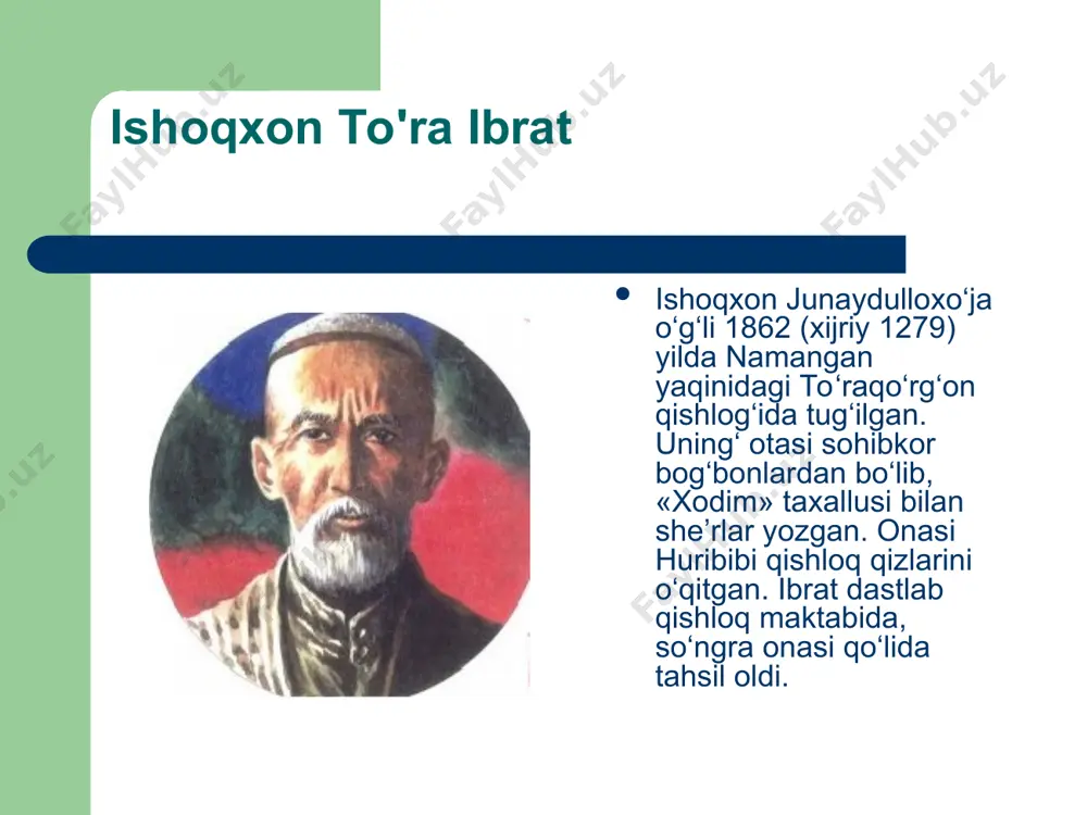 ismoil gaspirali nashr qilgan «tarjimon» gazetalari bilan qo‘qon madrasalarida o‘qib yurgan kezlarida tanishgan. ibrat 1886 yilda qo‘qon madrasasini tugatgach, ona qishlog‘i to‘raqo‘rg‘onga qaytadi. o‘z faoliyatini ma'rifat tarqatishga qaratadi. «usuli qadim» qabilidagi maktablarni isloh etib, jadid maktablarini ochishga kirishadi, mehnatkash xalq bolalarini maktabga tortadi. ammo ko‘p o‘tmay, mutaassib kimsalar bu maktablarni «kofirlar maktabi» deb yopib qo‘yishadi. shundan so‘ng u 1887 yilda, ya'ni 25 yoshlarida onasi huribibini hajga olib borish bahonasida jidda shahriga yo‘l oladi. ammo onasi o‘pka shamollashi orqasida vafot etgach, u sharq va g‘arb mamlakatlariga safar qilib, istambul, sofiya, afina, rim, shuningdek, qobul, makka, kalkutta, bombey kabi shaharlarda bo‘ladi. safar davomida arab, fors, hindi, urdu, ingliz tillarini mukammal o‘rganadi. sharq xalqlari tillari qatorida g‘arb xalqlari tillarini ham o‘rganish ishtiyoqida bo‘ladi. eng muhimi, yozilajak ilmiy asarlari uchun boy material to‘playdi. namanganda “matbaai ishoqiya”ni tashkil etdi ishoqxon ibrat matbaachi sifatida 1908 yildayoq namanganda «matbaai ishoqiya»ni tashkil etib, kitob nashriga kirishgan edi. bu …