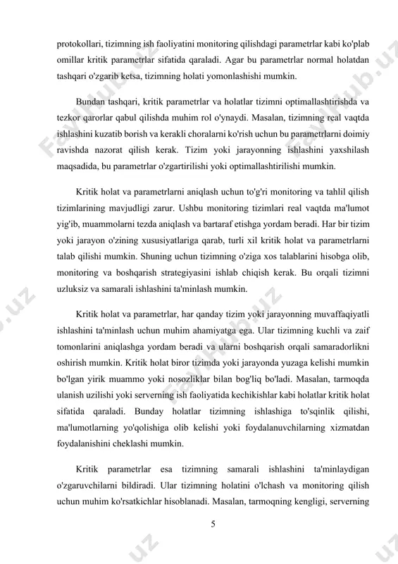 li ishlashga yo'naltirish mumkin. shunday qilib, kritik holat va parametrlarni boshqarish orqali tizimning uzluksiz ishlashini, xavfsizligini va samaradorligini ta'minlash mumkin. kritik holatlar va parametrlar tizim yoki jarayonning muvaffaqiyatli ishlashiga to'g'ridan-to'g'ri ta'sir qiladigan omillar hisoblanadi. ular tizimni boshqarishda va nazorat qilishda eng muhim rolni o'ynaydi. har bir tizimda bir nechta asosiy ko'rsatkichlar mavjud bo'lib, ular tizimning holatiga qarab o'zgarishi mumkin. kritik holatlarning yuzaga kelishi, tizimning uzluksiz va ishonchli ishlashini ta'minlash uchun tezkor javoblarni talab qiladi. misol uchun, yuqori ishlash tezligi yoki serverda resurslar yetishmasligi kabi holatlar tizimning ishlashini beqarorlashtirishi mumkin. bunday holatlar tizimning butun ishlash jarayonini to'xtatishi yoki ma'lumotlarning yo'qolishiga olib kelishi mumkin, shuning uchun bunday holatlarga tezda e'tibor qaratish zarur. kritik parametrlar esa tizimning ish faoliyatini kuzatish va o'lchash uchun foydalaniladi. bu parametrlar tizimning qanchalik samarali ishlashini ko'rsatadi va ularga o'zgartirishlar kiritish orqali tizimning umumiy samaradorligini yaxshilash mumkin. masalan, serverlarning ishlash tezligi, tarmoqning uzluksizligi, foydalanuvchi autentifikatsiyasi darajasi kabi parametrlar tizimning …