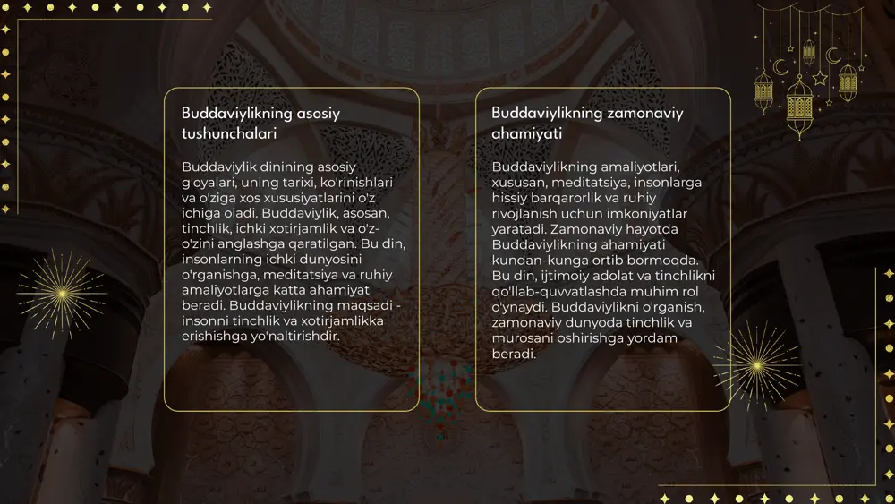 ni o'rganish. 4) qutulish yo'li - sakkiz qirrali yo'lni amalga oshirish orqali darddan qutulish. sakkiz qirrali yo'l: 1) to'g'ri tushuncha - haqiqatni to'g'ri anglash. 2) to'g'ri niyat - yaxshi niyat bilan yashash. 3) to'g'ri so'z - so'zlarda samimiyat va to'g'rilik. 4) to'g'ri amal - axloqiy va to'g'ri harakatlar. 5) to'g'ri ish - mehnat qilish va o'zini rivojlantirish. 6) to'g'ri diqqat - meditatsiya va xotirani rivojlantirish. 7) to'g'ri hayot - ahloqiy va ruhiy hayot kechirish. 8) to'g'ri tushuncha - o'z-o'zini anglash va sabr-toqat. muqaddas hayotning ahamiyati: muqaddas hayot ruhiy yuksalishga olib keladi va insonning ichki tinchligini ta'minlaydi. buddaviylikning asosiy g'oyalari ruhiy rivojlanish va ichki xotirjamlikni ta'minlaydi. bu g'oyalar inson hayotidagi muhim jihatlarni anglashga yordam beradi. buddaviylik va ichki tinchlik buddaviylik g'oyalari meditatsiya orqali ichki tinchlikka erishishda muhimdir. meditatsiya ruhiy salomatlikni yaxshilaydi va stressni kamaytiradi. ichki tinchlikni saqlash uchun nafas olish texnikalari va meditatsiya yordamida stress va xavotirni kamaytirish mumkin. bu amallar …