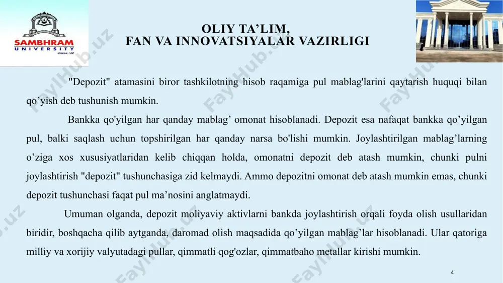 irligi oddiy foizlar – bu omonat miqdoriga asoslangan foizlar. misol uchun, siz 2 yillik muddatga yillik 18% stavkasida oddiy foizlarda hisoblash sharti bilan 1 mln. so‘m miqdorda omonat ochdingiz: bir yildan so‘ng sizda 1 180 000 so‘m pul bo‘ladi. omonat muddati tugaganda jami mablag‘ 1 360 000 so‘mni tashkil etadi, ya'ni foizlar faqat 1 mln. so‘m uchun hisoblanadi. foizlarni kapitalizatsiya qilish belgilangan davrlarda (oylik, choraklik, yillik) xisoblangan foizlarni omonatning asosiy summasiga qo‘shish demakdir. misol uchun, siz 2 yillik muddatga yillik 18% stavkasida murakkab foizlarda (yillik kapitalizatsiya) hisoblash sharti bilan 1 mln. so‘m miqdorda omonat ochdingiz: bir yildan so‘ng sizda 1 180 000 so‘m pul bo‘ladi. ikkinchi yil tugashi bilan siz 1 392 400 so‘mni olasiz, chunki ikkinchi yilda 18% boshlang‘ich 1 mln. so‘m uchun emas, balki 1 180 000 so‘mga nisbatan qo‘llaniladi. 12 oliy ta’lim, fan va innovatsiyalar vazirligi kreditlash tamoyillari kredit boʻsh turgan pul mablagʻlarini ssuda fondi shaklida toʻplash …