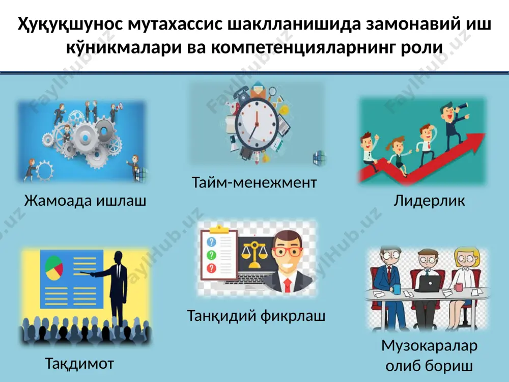 ва юридик нутқ турлари ҳуқуқшунос нутқини тайёрлаш ва уни сўзлаш талаблари юрист нутқи сифатига ижобий ва салбий таъсир этувчи омиллар юристнинг ёзма нутқи: талаб ва мезонлари юристнинг ёзма нутқи юрист ёзма нутқининг асосий турлари оғзаки нутқ қонун нормаларини шарҳлашда ёзма нутқ воситаларининг ўрни ёзма нутқ юрист ёзма нутқининг ўзига хос жиҳатлари казус (муаммоли савол) ва мантиқий саволлар таҳлили. жавобларни тўғри тақдим этиш мантиқий савол казус ҳавола иқтибос юридик мантиқий савол ва казус. жавобларни тўғри ёзиш ҳамда кўчирмачилик – плагиатдан сақланиш талаблари. ёзма жавобни шакллантириш қоидалари. оралиқ ва якуний назорат саволларига жавоб намуналари. ҳуқуқий тадқиқот. ҳуқуқий манбаларни топиш ва улар билан ишлаш ҳуқуқий тадқиқотнинг замонавий талаблари ҳуқуқий маълумотлар базаси билан ишлаш юридик фандаги асосий методологик ёндашувлар умумилмий ва махсус методлари ҳуқуқий манбаларни топиш ва улар билан ишлаш ҳуқуқий фаолият ва тарғиботда қўлланиладиган таъсирчан презентация презентацияга тайёрланиш ва уни яратиш босқичлари ҳуқуқшуноснинг ўзини ўзи тақдим этиши слайдларни тайёрлаш талаблари. слайдлар дизайни мантиқий …