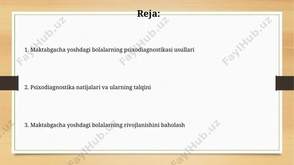 iagnostika jarayonida ularning yosh xususiyatlarini hisobga olish muhim ahamiyatga ega. psixodiagnostika usullarining tanlanishi sinov natijalarini talqin qilishda aniqlik va ishonchlilikni ta'minlash uchun, kamida ikki nafar mustaqil mutaxassis tomonidan baho berish va birgalikda xulosa chiqarish tavsiya etiladi. psixodiagnostika usullarini tanlashda bolaning yosh xususiyatlari (2-7 yosh) va rivojlanish darajasini hisobga olish, shuningdek, o'yinli testlar va kuzatish usullarini afzal ko'rish muhim ahamiyatga ega. emotsional-irodali sohani baholash "tasvirlash" va "chizish" kabi ijodiy usullar yordamida bolaning emotsional holatini, irodaviy sifatlarini (masalan, sabr-toqat, maqsadga intilish) aniqlash imkoniyati mavjud, bunda 20 tadan ortiq rangli rasmlardan foydalaniladi. 3-7 yoshli bolalarda emotsional-irodaviy sohani baholash uchun proektiv testlar (masalan, rorshax testining modifikatsiyalangan variantlari) samarali bo'lib, bolaning yashirin hissiyotlarini aniqlashga yordam beradi. kuzatuv usullari kuzatuv jarayonida bolaning 3-5 yosh oralig'idagi o'yin faoliyatini tahlil qilish orqali uning ijtimoiy-emotsional rivojlanish darajasini aniqlash mumkin, bu erda diqqat, xotira va tafakkur ko'rsatkichlarini kuzatish muhim ahamiyat kasb etadi. kuzatuv davomida bolaning o'z tengdoshlari bilan o'zaro munosabatlarini …