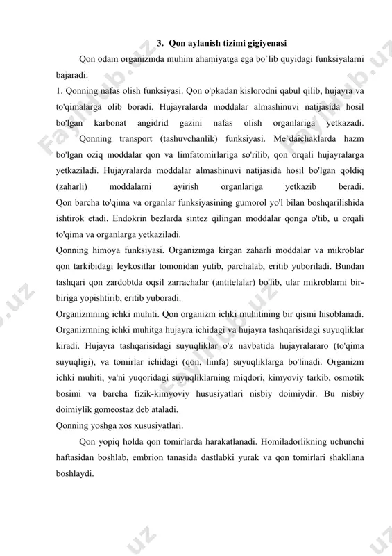 transport (tashuvchanlik) funksiyasi. me`daichaklarda hazm bo'lgan oziq moddalar qon va limfatomirlariga so'rilib, qon orqali hujayralarga yetkaziladi. hujayralarda moddalar almashinuvi natijasida hosil bo'lgan qoldiq (zaharli) moddalarni ayirish organlariga yetkazib beradi. qon barcha to'qima va organlar funksiyasining gumorol yo'l bilan boshqarilishida ishtirok etadi. endokrin bezlarda sintez qilingan moddalar qonga o'tib, u orqali to'qima va organlarga yetkaziladi. qonning himoya funksiyasi. organizmga kirgan zaharli moddalar va mikroblar qon tarkibidagi leykositlar tomonidan yutib, parchalab, eritib yuboriladi. bundan tashqari qon zardobtda oqsil zarrachalar (antitelalar) bo'lib, ular mikroblarni bir-biriga yopishtirib, eritib yuboradi. organizmning ichki muhiti. qon organizm ichki muhitining bir qismi hisoblanadi. organizmning ichki muhitga hujayra ichidagi va hujayra tashqarisidagi suyuqliklar kiradi. hujayra tashqarisidagi suyuqliklar o'z navbatida hujayralararo (to'qima suyuqligi), va tomirlar ichidagi (qon, limfa) suyuqliklarga bo'linadi. organizm ichki muhiti, ya'ni yuqoridagi suyuqliklarning miqdori, kimyoviy tarkib, osmotik bosimi va barcha fizik-kimyoviy hususiyatlari nisbiy doimiydir. bu nisbiy doimiylik gomeostaz deb ataladi. qonning yoshga xos xususiyatlari. qon yopiq holda …