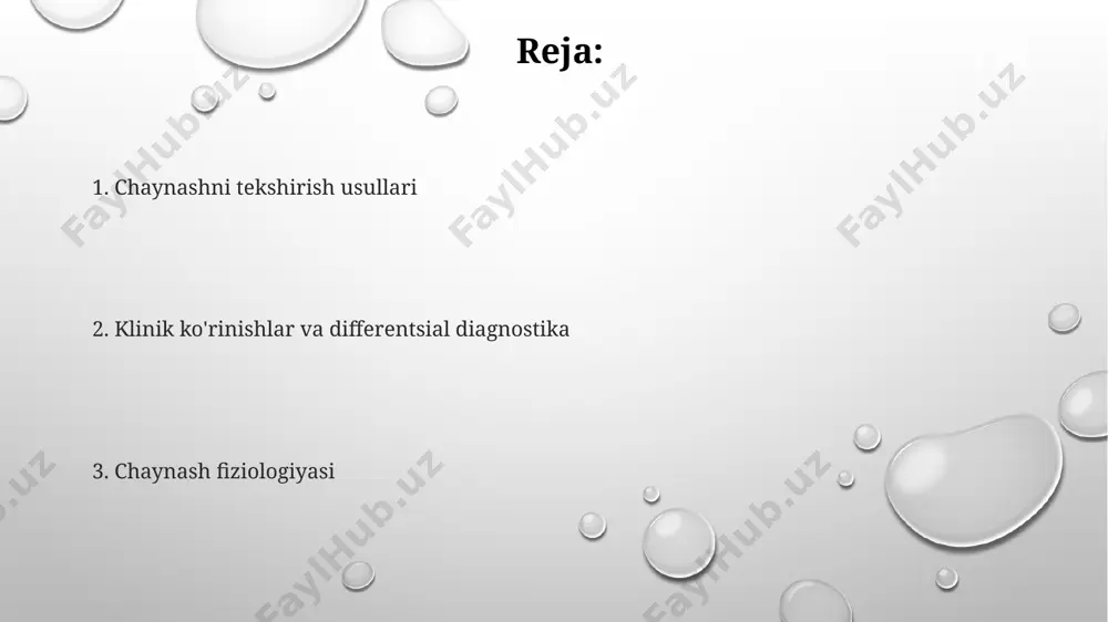 ta asosiy mexanizm orqali amalga oshiriladi: buyraklarning bikarbonat reabsorbsiyasi, vodorod ionlarining sekretsiyasi va ammoniak sintezlanishi. xaynash bezlarining tuzilishi va faoliyati langerhans orolchalari, bezning 1-2% ini tashkil etib, glyukagon va insulin kabi gormonlarni ishlab chiqaradi, qon shakarini tartibga soladi. xaynash bezlari 2 ta lobdan iborat bo'lib, har biri 15-20 ta lobulyadan tashkil topgan va ekzokrin va endokrin qismlarga ega. acinar hujayralarining sekretsiyasi amilaza, lipaza va proteaz kabi fermentlarni o'z ichiga oladi, bu oshqozon osti bezining ekzokrin funksiyasini aks ettiradi. qon va siydik tahlillari mikroskopik siydik tahlili siydikdagi eritrotsitlar, leykotsitlar va silindrlar sonini aniqlashga imkon beradi, buyrak infektsiyalari va shikastlanishlarini aniqlashga yordam beradi. qonning umumiy tahlili leykotsitlar sonini (odatda 4-11 x 10⁹/l), eritrotsitlar cho'kishi tezligini (esr) va gemoglobin miqdorini aniqlashga imkon beradi, bu esa yallig'lanish jarayonlari va anemiya holatini ko'rsatishi mumkin. siydik tahlilida proteinuriya (siydikda oqsil mavjudligi, normal holatda <150 mg/sutka), glyukozuriya (siydikda glyukoza mavjudligi) va keton tanachalari aniqlanadi, buyrak va metabolik …