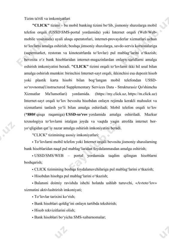 xini koʻrish; · bank hisoblari qoldigʻini onlayn tartibda tekshirish; · hisob rekvizitlarini olish; · bank hisoblari boʻyicha sms-xabarnomalar; · click – hisobdan kreditni toʻlash va koʻpgina boshqa imkoniyatlar. bizning asosiy afzalliklarimiz deb quyidagilar hisoblanadi: hammaboplik. manfiy balansda va internetdan foydalanmasdan ussd-soʻrovlarni yuborish imkoniyati tufayli foydalanuvchi raqami bloklangan boʻlsa ham, istagan paytda oʻz bank hisobvaragʻidan haq toʻlashi mumkin. bunda tizimdan foydalanish uchun telefonda hech qanday dasturlarni oʻrnatish kerak emas: ussd-soʻrovlarni har qaysi mobil telefondan yuborish mumkin. yaqinlik. bank filiallariga bormasdan va toʻlovlarni qabul qilish boʻyicha yaqindagi shaxobcha yoki operatorlar toʻlovlarini qabul qilish va toʻlov tizimlari shaxobchalari qayerda joylashganligiga bosh qotirmay, balansni toʻldirish, oʻz bank hisobvaraqni boshqarish imkoniyati. uydan chiqmasdan toʻlash imkoniyati. butun toʻlov tizimi har bir abonentning choʻntagida. qulaylik.tizimga ulanish uchun bankda maxsus hisobvaraqlarni ochish va mablagʻlarni boshqa depozitga qoʻyish talab qilinmaydi. bizning tizimimiz jismoniy shaxsning mavjud boʻlgan har qaysi hisobiga oʻz raqamini “bogʻlab qoʻyish” imkonini beradi. uzcard onlaynni qanday qo’shish …