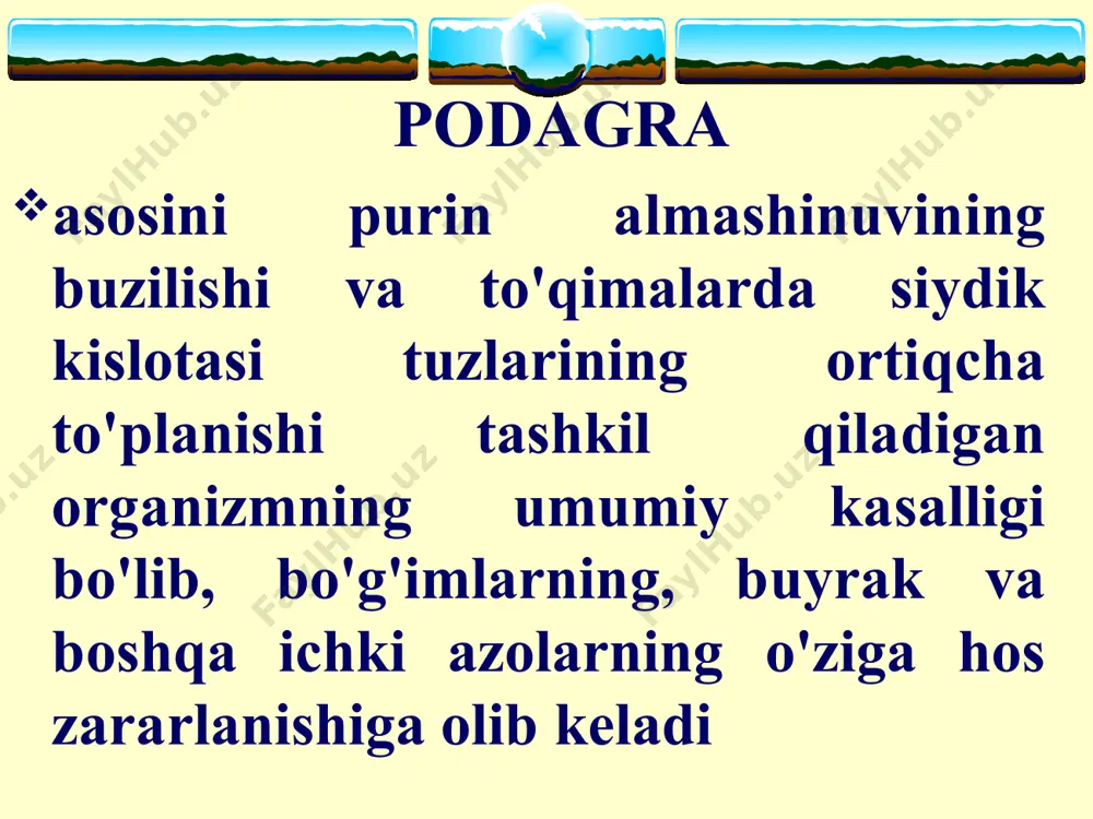 ish qabziyat patogenezi urat kristallari tomonidan fagositlar, sinovial hujayralar va bo'g'imlarning boshqa komponentlarining proyallig'lanish (yallig'lanishni keltirib chiqaruvchi) mediatorlari sintezining stimullanishi neytrofillarning endoteliyga adgeziyasi va neytrofillarning bo'g'im bo'shlig'iga tushishi qonda proyallig'lanish (yallig'lanishni keltirib chiqaruvchi) mediatorlarining paydo bo'lishi o'tkir podagrik artritga hos belgilarning namoyon bo'lishi urikozuriya darajasiga ko'ra giperurikemiyaning 3 turi va shunga mos podagraning 3 turi farqlanadi metabolik buyrak aralash. metabolik tur 60 % bemorlarda uchraydi yuqori uraturiya (3,6 mmol/sut ortik) siydik kislotasini normal klirensi. buyrak turi 10 % bemorlarda uchraydi past uraturiya (1,8 mmol/sut dan kam) siydik kislota klirensi (3,0-3,5 ml/min). aralash turi 30 % ga yaqin bemorlarda uchraydi. normal yoki kamaygan uraturiya siydik kislota normal klirensi. sog'lom kishilarda siydik kislota klirensi 6-7 ml/min ni tashkil qiladi, sutkalik uraturiya - 1,8-3,6 mmol (300-600 mg). o'tkir podagrik artritning tasnifii mezonlari (s.l.wallace et al., 1977)) sinovial suyuqlikda uratlar kristallarining aniqlanishi tarkibida urat kristallari borligi kimyoviy va polyarizasiyali mikroskopiya usuli bilan tasdiqlangan tofuslarning …