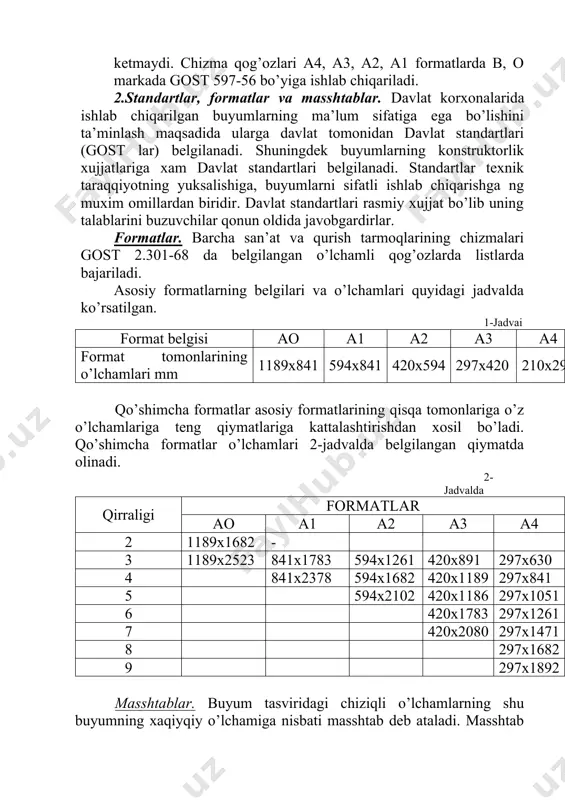 ak. chizmalarda o’lchamlar gost 2.307-60 ko’rsatmaga asosan qo’yiladi. chizmaarda o’lcham kattaliklari, o’lcham chiziqlari ustiga yozilgan sonlar bilan ko’rsatilgan. bunda o’lchamlar sonlari listning asosiy yozuviga nisbatdan chapdan o’nga, pastdan yuqoriga qarab yoziladi. chiqish chiziqlari o’lcham chiziqlariga perpendikulyar (1,4-shakl). 1.4-shakl 1.5-shakl 1.6-shakl 1.7-shakl 1.8-shakl 1.9-shakl o’lcham va chiqish chiziqlarini kesma bilan parallelogram xosil qilib o’tkazishimiz mumkun (1,5 shakl) o’lcham chiziqlari ko’rinadigan kontr chiziqlar orasiga chiziladi (1.6 ,1.7, 1.8, 1.9-shakllar). o’lcham chiziqlari iloji boricha chizma konturadan kontsentrik-bir markazli aylanalarning radiusi yoki diometr o’lchamlari ko’rsatuvchi o’lchamnchiziqlari esa aylanalar markazida o’zaro kesishgan bo’ladi. yumoqlanadigan burchak o’zlarini ko’rsatish zarur bo’lgan xollarda, chiqarish chiziqlari burchak tomonlarining kesishgan nuqtalardan chiqariladi (1.10- shakl). 1.10-shakl 1.11-shakl agar simmetrik buyumlarning ko’rinishi yoki qirqimi, shuningdek, shularning biror simmetrik elementi o’zgacha yoki uzib tasvirlangan bo’lsa, o’lcham chiziqlari xam o’qdan yoki uzilish chizig’idan bir oz o’tkazib uzib qo’yiladi. shuningdek aylana diometrini ko’rsatishda xam, aylana to’liq yoki qisman tasvirlanishidan qatiy nazar, o’lcham chizig’i aylana markazidan …