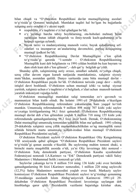 kilotlarni о‘zbekistonning huquqiy tobeligiga о‘tkazish” tо‘g‘risidagi qarori о‘zbekistonning milliy suvurenititeti uchun tashlangan qadamlar dalilidir. 80-yillarning ikkinchi yarmiga kelib sobiq sssr ning ijtimoiy-siyosiy holatida inqirozli holat tobora kuchaydi. bu holat ayniqsa, kо‘pchilik respublikalarning ittifoq tarkibidan chiqish, о‘z-о‘zini mustaqil holda belgilash huquqini berish, markazning siyosiy-iqtisodiy, harbiy va tashqi siyosiy sohalardagi rolini qayta kо‘rib chiqish kabi talablarning haqli ravishda qо‘yilishida aksini topdi. lekin markaziy rahbariyat xalqlar va ittifoqchi respublikalar siyosiy rahbariyatining chinakam mustaqillikka intilishi bilan hisoblashmadi. bu munosabatni markazning boltiqbо‘yi respublikalarining ittifoq tarkibidan chiqib ketishi, о‘zbekistonda, keyinchalik esa boshqa respublikalarda ham prezidentlik boshqaruvining joriy etilishi va bu respublikalar tomonidan suverenitet tо‘g‘risidagi deklaratsiyalarning qabul qiliniishiga tish-tirnog‘i bilan qarshilik kо‘rsatganligida ham kо‘rish mumkin. lekin harakatga kelgan inqiroziy holatni endi tо‘xtatib bо‘lmas edi. shu sababdan ham, davlat yemirilishidan jiddiy xavotirga tushgan partiya-davlat rahbariyati 1990-yilning kuzida ittifoq markazi va respublikalar о‘rtasidagi munosabatlarni yangi holatga о‘tkazish maqsadida muzokara jarayonini boshlashga majbur bо‘ldi. chunki sssr oliy soveti ham, sssr …