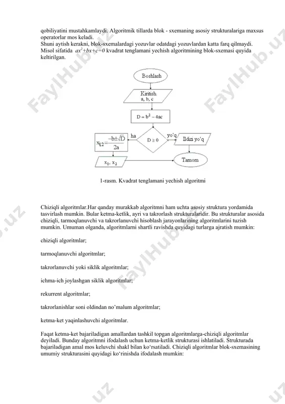 tanishamiz. 1.algoritmning so‘zlar orqali ifodalanishi. bu usulda ijrochi uchun beriladigan har bir ko‘rsatma jumlalar, so‘zlar orqali buyruq shaklida beriladi. 2. algoritmning formulalar bilan berilish usulidan matematika, fizika, kimyo kabi aniq fanlardagi formulalarni o‘rganishda foydalaniladi. bu usulni ba’zan analitik ifodalash deyiladi. 3. algoritmlarning grafik shaklida tasvirlanishida algoritmlar maxsus geometrik figuralar yordamida tasvirlanadi va bu grafik ko‘rinishi blok-sxema deyiladi. 4. algoritmning jadval ko‘rinishda berilishi. algoritmning bu tarzda tasvirlanishdan ham ko‘p foydalanamiz. masalan, maktabda qo‘llanib kelinayotgan to‘rt xonali matematik jadvallar yoki turli xil lotereyalar jadvallari. funksiyalarning grafiklarini chizishda ham algoritmlarning qiymatlari jadvali ko‘rinishlaridan foydalanamiz. bu kabi jadvallardan foydalanish algoritmlari sodda bo‘lgan tufayli ularni o‘zlashtirib olish oson. yuqorida ko‘rilgan algoritmlarning tasvirlash usullarining asosiy maqsadi, qo‘yilgan masalani yechish uchun zarur bo‘lgan amallar ketma-ketligining eng qulay holatinni aniqlash va shu bilan odam tomonidan programma yozishni yanada osonlashtirishdan iborat. aslida programma ham algoritmning boshqa bir ko‘rinishi bo‘lib, u insonning kompyuter bilan muloqotini qulayroq amalga oshirish uchun mo‘ljallangan. …