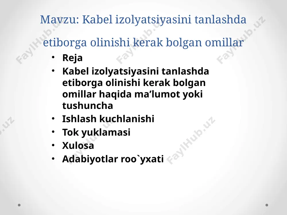 lash kuchlanishi izolyatsiya turiga bevosita ta’sir qiladi. kuchlanishlarni uchta turga ajratishimiz mumkin: past kuchlanish, o`rta kuchlanish, yuqori kuchlanish. qaysi turdagi kuchlanishda ishlashiga qarab izolyatsiya tanlanishi muhim. chunki kuchlanishga qarab elektr energiya parametrlari har hil bo`ladi. past kuchlanish (<1 kv) — pvc, rezina izolyatsiyalar. o‘rta va yuqori kuchlanish (1 kv dan yuqori) — xlpe, epr kabi yuqori chidamli materiallar. tok yuklamasi kabel orqali o‘tadigan tok issiqlik hosil qiladi. harorat ko‘tarilganda izolyatsiya shikastlanishi mumkin. haroratga bardoshli materiallar (masalan, xlpe) katta toklar uchun mos. atrof-muhit sharoitlari namlik: suvga chidamli izolyatsiya zarur (masalan, epr). harorat: yuqori haroratli joylarda silikonli izolyatsiyalar ishlatiladi. kimyoviy ta’sir: neft, kislotalar bo‘lgan joyda maxsus izolyatsiyalar. quyosh nuri (ultraviolet uv): tashqi makon uchun uvga chidamli materiallar kerak. mexanik yuklamalar kabellar egilishi, bosim ostida qolishi yoki cho‘zilishi mumkin. bunday holatlarda elastik, zich va qattiq izolyatsiya kerak bo‘ladi. qattiq ish sharoitlari uchun qo‘shimcha himoya qoplamalari qo‘llanadi. o‘rnatish usuli yer osti: suv va bosimga …